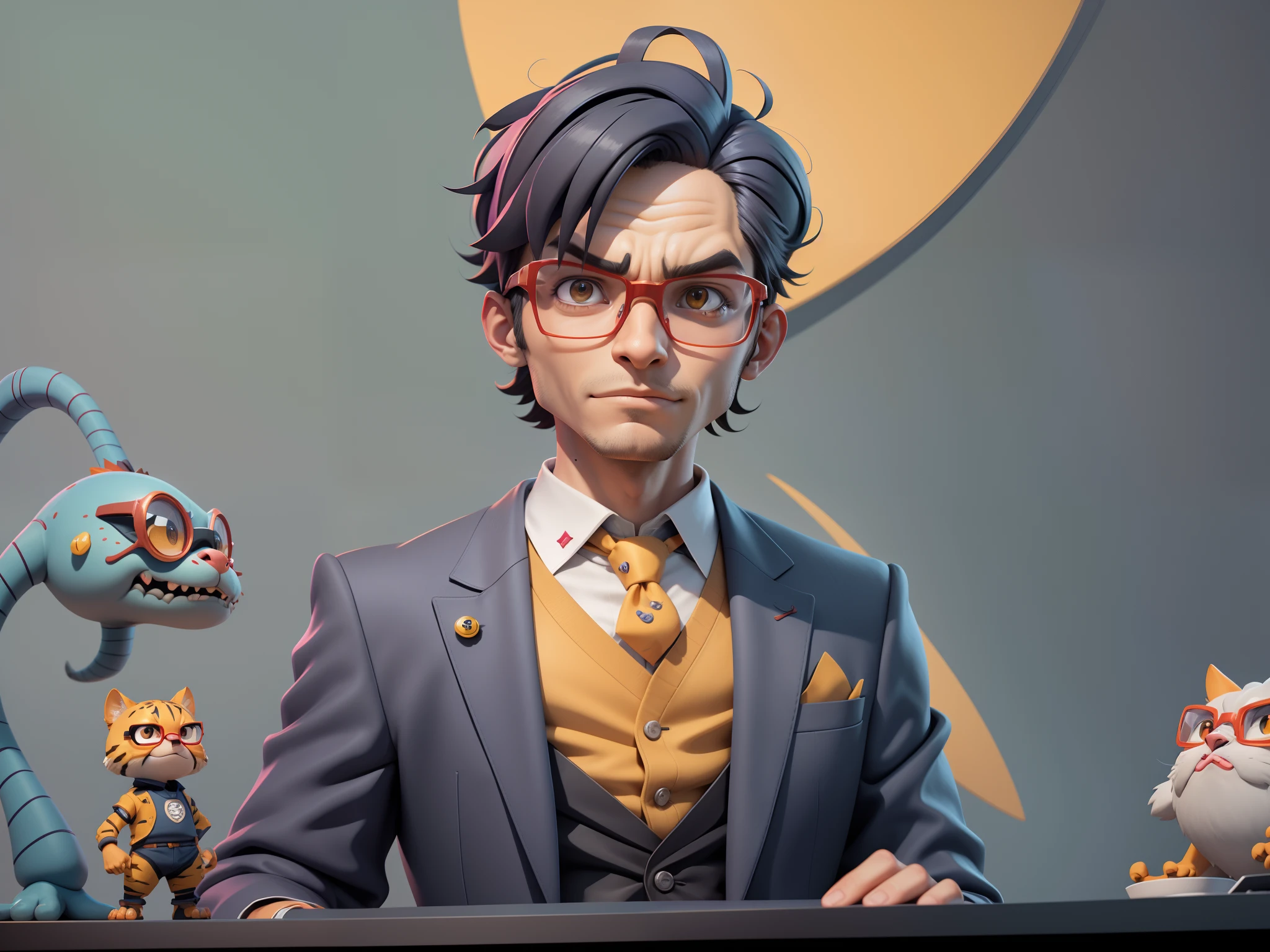 A young man in a suit, Short hair and glasses sat at his desk,holding laptop,digitial painting,tigre,3D character design by Mark Clairen and Pixar and Hayao Miyazaki and Akira Toriyama,4K HD illustration,Very detailed facial features and cartoon-style visuals。