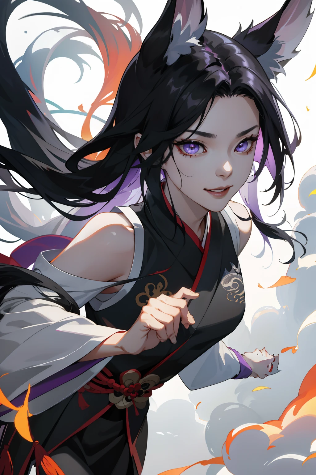 (Female characters in Chinese mythology), (The mythical Daji),nine tail fox,(full bodyesbian),「In the world of aesthetics、A long hair with bright black hair,A MILF、Wearing purple and pure white Hanfu。Her mysterious charm is::、Sexy legs,cropped shoulders」(High- sharpness,ultra - detailed), tmasterpiece, best qualtiy, 独奏, Black skirt, Eyebrows, finely eyes, 详细的脸, swirles,Flirtatious,adolable,vivaciousness, seductiv,finely quality eyes, Complicated details, , 独奏, Half shot, detailedbackground,Evil laughter,Floating black smoke、Backlit realistic lighting、Armory、Hair flutters in the wind,Surrounded by ink,Surrounded by clouds, Clear face, Clear and bright eyes, High detail, (A high resolution, ultra - detailed), Cinematic lighting, Motion blur, Ray tracing, reflective light, (Close-up), Masterpiece, Best quality, High quality, Anatomically correct, Textured skin, High details, Super detail, 1080p, hyper HD,