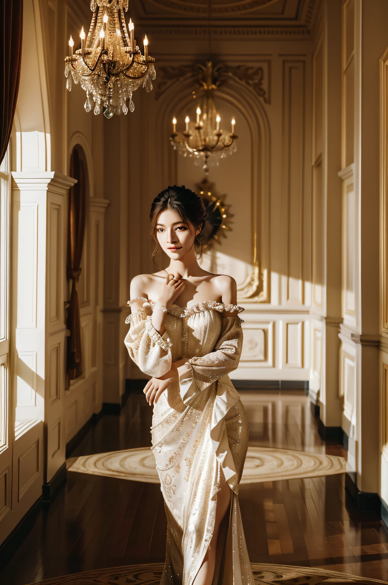 Step into the lavish elegance of the 17th-century French court, where romance and opulence intertwine in a dance of grace and passion. The scene opens with a resplendent ballroom, bathed in the soft glow of chandeliers suspended from the ornate ceiling. A lone figure emerges into view, a young woman who embodies the epitome of sophistication and allure.
The camera captures her from a gentle side angle, offering a glimpse of her as she stands in the midst of the opulent surroundings. Her posture is regal, shoulders back and head held high, exuding a confident elegance that commands attention. The camera's distance is just enough to capture her from head to toe, allowing the viewer to appreciate every intricate detail of her ensemble.
Her attire is a masterpiece of intricate lace and sumptuous fabrics, a true reflection of the fashion of the era. A bodice adorned with delicate embroidery accentuates her slender waist, while layers of silk and satin cascade gracefully down to the floor, creating a mesmerizing tableau as she moves. The camera takes in the elaborate ruffles and folds of her gown, highlighting the craftsmanship that went into its creation.
As she glides across the ballroom, her movements are the embodiment of grace, captured in a full-length shot that showcases the fluidity of her steps. The camera angle slightly tilts upwards, emphasizing her ethereal presence and the grandeur of the surroundings. Her eyes, expressive and filled with a mix of emotions, meet the viewer's gaze for a fleeting moment, a connection that transcends time.
The candlelit ambiance casts a soft glow on her features, illuminating her complexion with a subtle radiance. The camera lingers on her face, capturing the delicate curve of her cheekbones and the gentle sweep of her eyelashes. A hint of a smile plays on her lips, adding an air of mystery to her allure.
The ornate mirrors that adorn the ballroom walls offer glimpses of the surrounding couples twirling in elegant waltzes, enhan