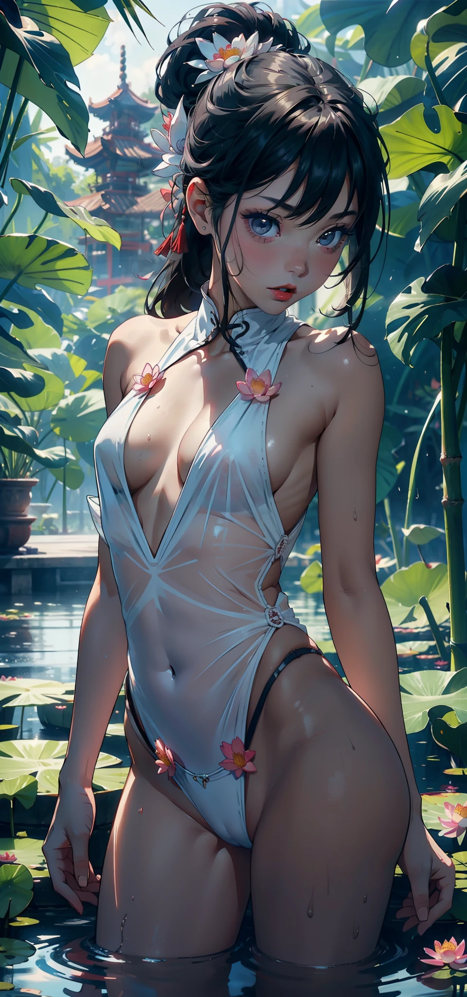1female,for 6 years old,bit girl,Small loli,smallunderboob,Raised sexy,Pornographic exposure, 独奏,(Background with:Surrounded by lotus flowers,bamboo forrest,Lotus pond,lotuses,lotus flower,china rose,rosette,chrysanthemums) She has short black hair,standing on your feet,Sweat profusely,drenched all over the body,seen from the front, hair straight, mostly cloudy sky,(((tmasterpiece),(Very detailed CG unity 8K wallpaper),best qualtiy,cinmatic lighting,detailed back ground,beatiful detailed eyes,Bright pupils,(Very fine and beautiful),(Beautiful and detailed eye description),Black eyes,Redlip,ultra - detailed,tmasterpiece,)),facing at camera,(The upper part of the body),A high resolution,ultra - detailed),revealing breasts,Bare genitalia, Bulge,legs are open,sexyposture,Camel toes,Flushed complexion,Open-mouthed,frontage,elementary student,A ball head,Lotus hair ornaments(Wearing:White transparent tang costume,Red streamer)