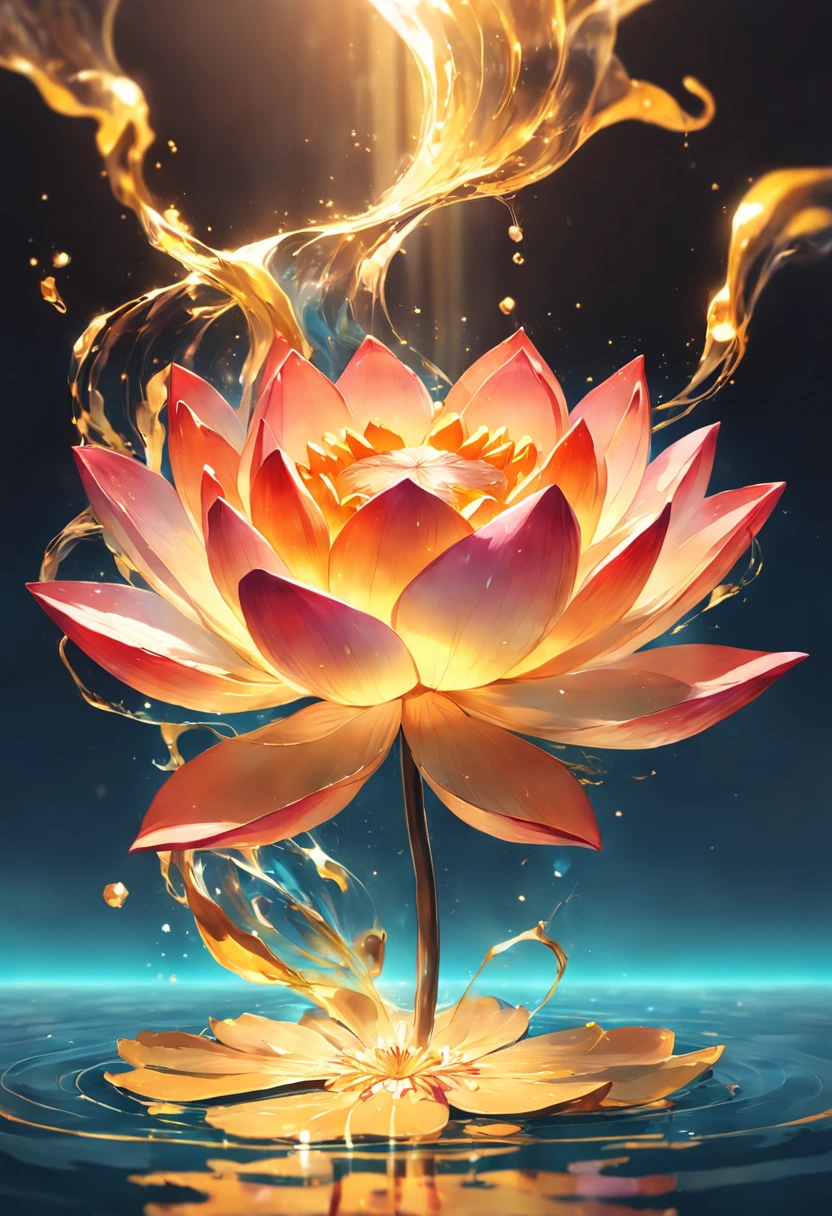 Enlightened mind, Red shades from orange to gold. About the rainbow-colored lotus spirit flower, And floats on transparency, Transparent water, Gold gradient background with light transparency. Golden energy flows from the flower core.