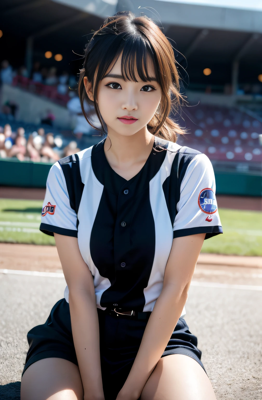(8K, Raw-Photo, Top Quality, masterpiece: 1.2), masterpiece, super detaill, 超High Resolution A, (realistic and realistic photo: 1.37), High Definition RAW Color Photography, very delicate and beautiful., ighly Details, 8K wallpaper, astonishing, The Details, very detail eyes, highlydetailed skin, extremely detailed fingers, extremely detailed nose, highly detail mouth, perfect anatomia,1girll, (Baseball Uniforms), hazy, blured background, blurred foreground, blush, Braid, pectorals, depth of fields, Eyebrows Visible Through Hair, Frild, Hair between eyes, baseball stadium, jewellery, looking up at viewer, Short hair, Sitting, Solo, tits huge、乃木坂アイドル、韓国アイドル、hposing Gravure Idol、pornstar、18 years-old、Tall、韓国アイドル、乃木坂アイドル、pornstar、hposing Gravure Idol、((s whole body)), ((Gravure Pose))