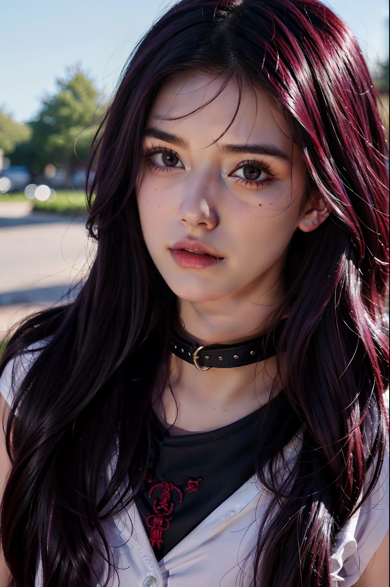 Long dark purple hair,teens girl,dark,Wearing a collar,Hyper Real,Super detailed details,Blood-red pupils,Punk style