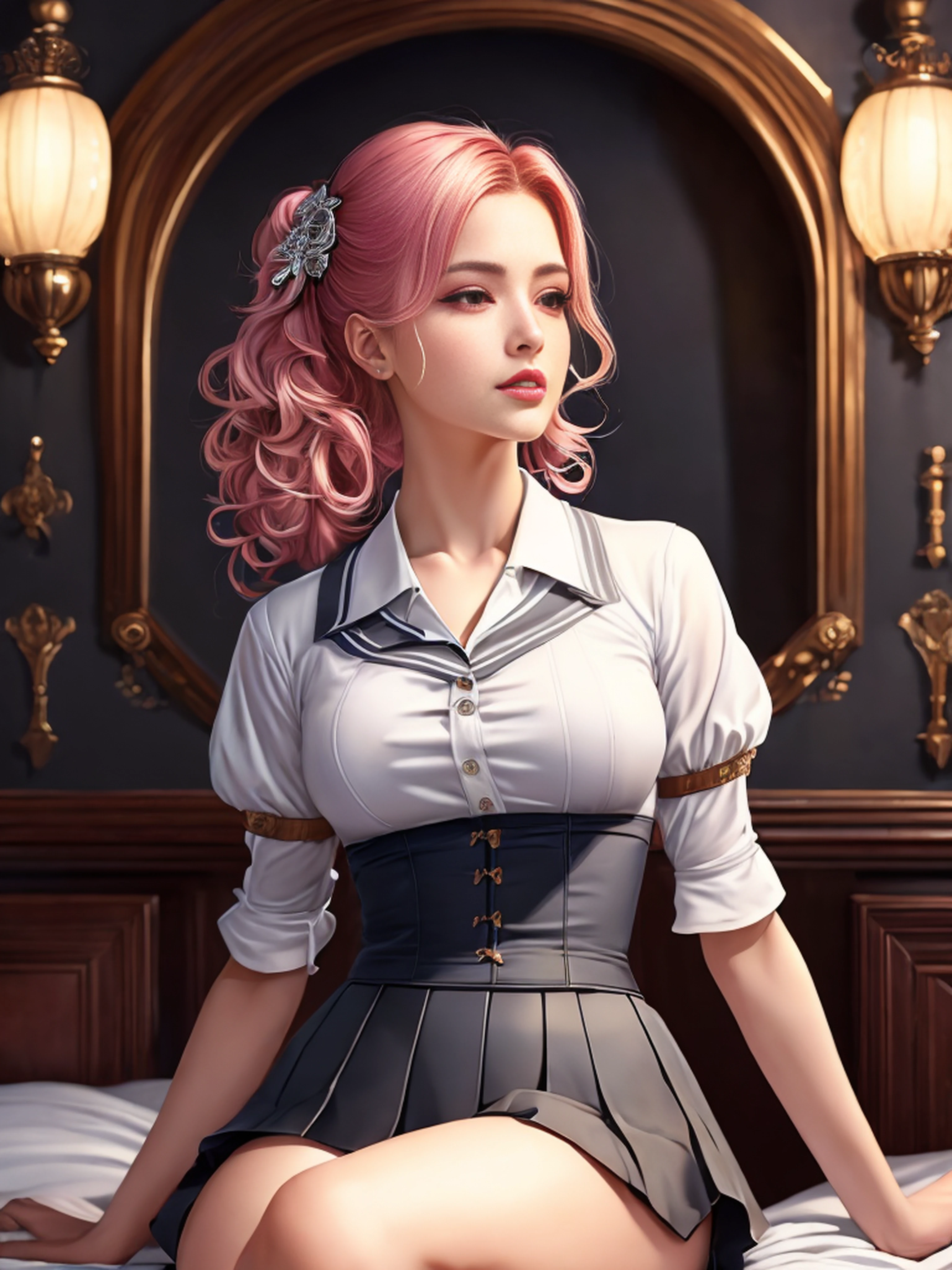 A 17-year-old European schoolgirl, In her room, lying on the bed, masturbating, penetrating her vagina with a toy, hunching her back, screaming and moaning, horny and excited, looking up at the ceiling, her face flushed, sweat and wet body, moaning and screaming with pleasure, /((pink hair, perfectly ultra-detailed almond-shaped red eyes, white skin, thin lips, thin nose, tapered hands, highly detailed perfect fingers, hourglass body, perfect hips, small waist, shapely legs, Big chest, sexi)), /((Schoolgirl uniform: gray mini-skirt with pleats, white short-sleeve blouse, gray sweater, dark blue jacket)), hyperdetailed painting, luminism, Bar lighting, complex, 4k resolution concept art portrait by Greg Rutkowski, Artgerm, WLOP, Alphonse Mucha, high definition, cinematic, neoprene, behance contest winner, portrait featured on unsplash, stylized digital art, smooth, ultra high definition, 8k, unreal engine 5, ultra sharp focus, intricate artwork masterpiece, high definition, Luminous Studio graphics engine,