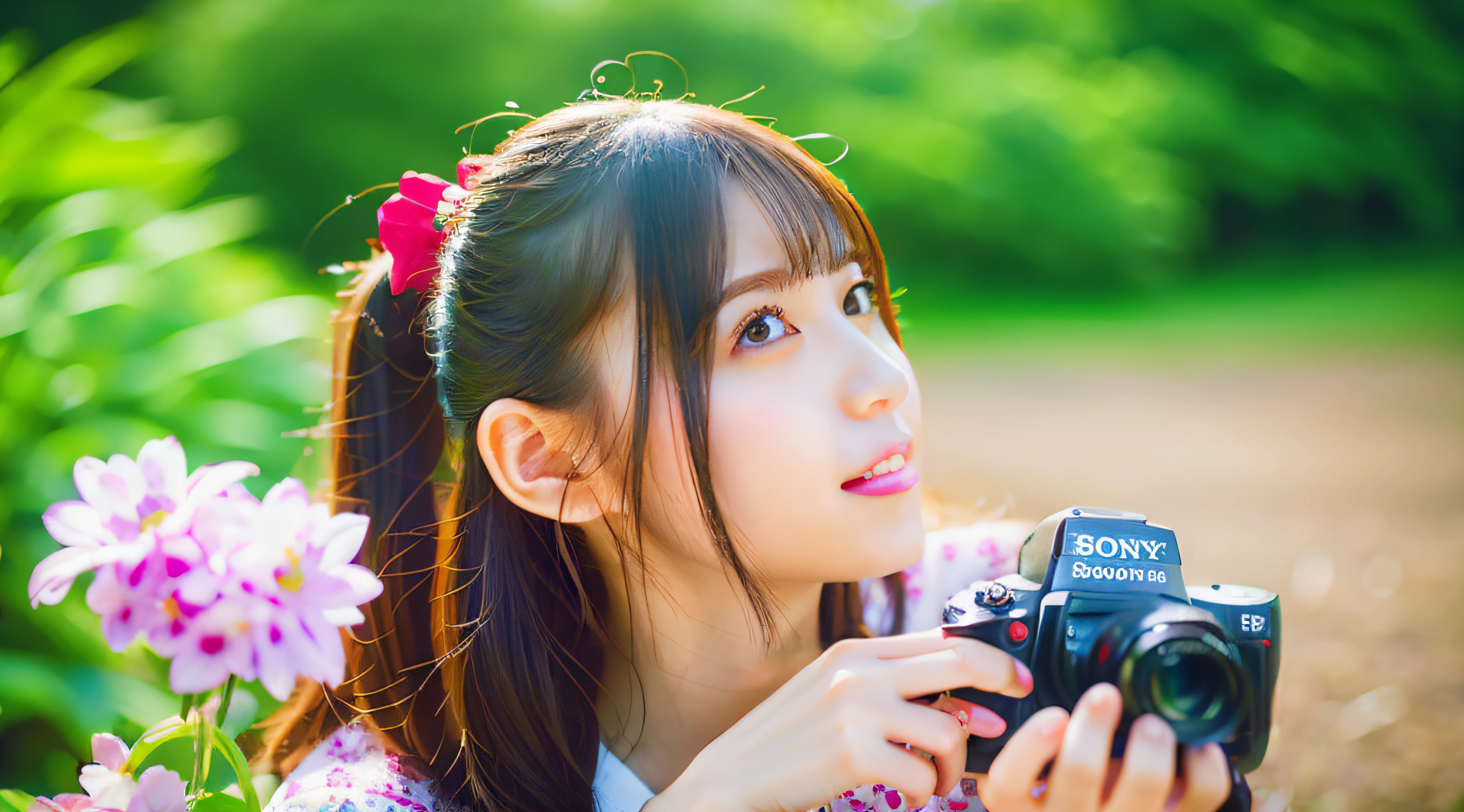 Enlarge black eyes、No need for hands holding flowers