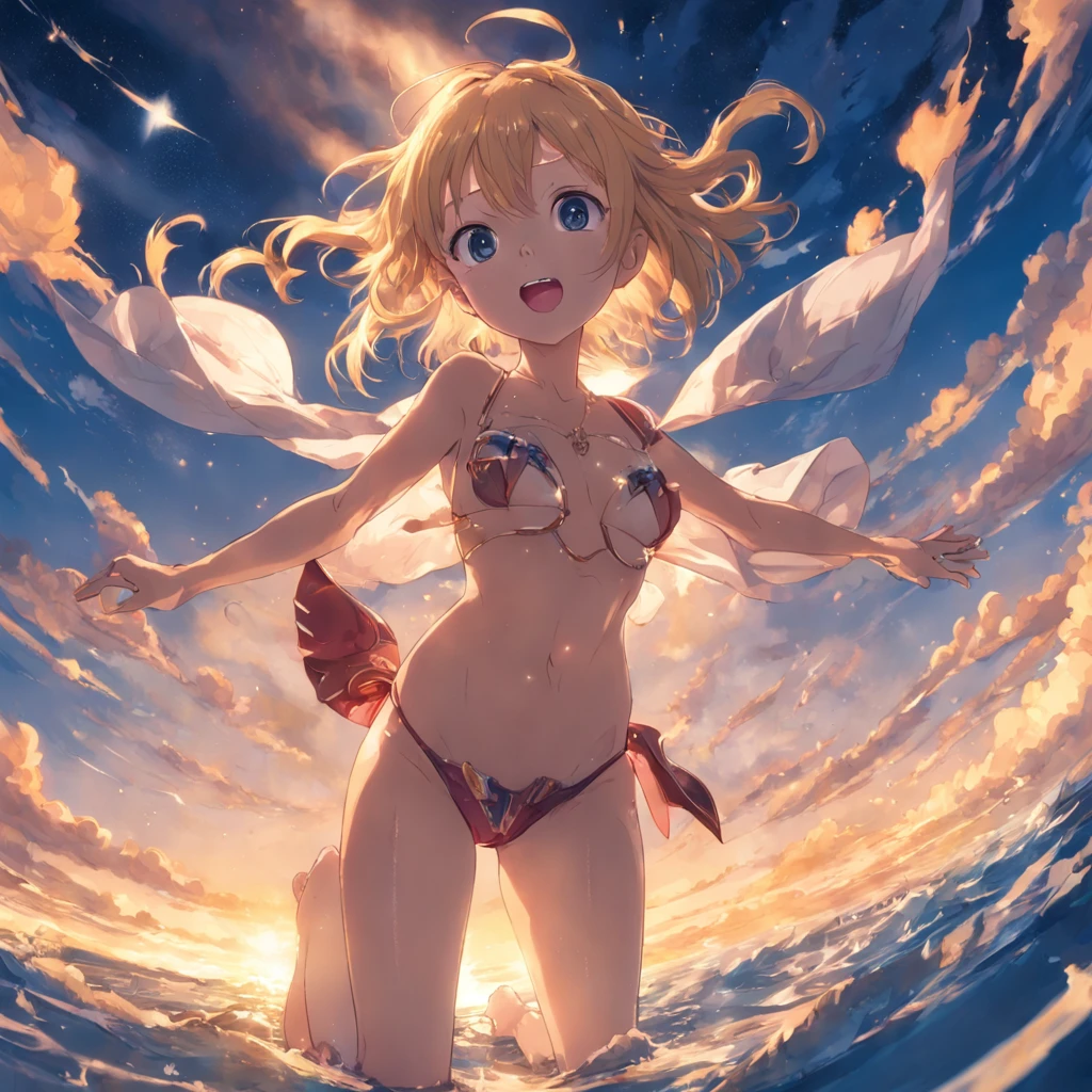 master-piece, beste-Qualit, movie still, 1girls, cloud girl, floating in the sky, closeup, shining, happy, Warm soft lighting, sunset, (sparks:0.7), Cheers Saki | Blue Archives, Iwhole Body, (NSTDA.:1.2), (10, beste-Qualit, master-piece: 1.4), ultra-high resolution, (Realistic, photorealistic portrait: 1.48), 25-year-old girl , ( Micro Beetle View - Bikini Pass:1.11), Famous Japanese celebrities, gigantic breasts, Blue Eyes, Head Tilted, cowboy shot, View from the front, looking at the audience, expressionless, Beautiful Sea Zeiss f 150mm/ 2.8 Hasselblad, Whole body, foot , Ultra-Wide Angle