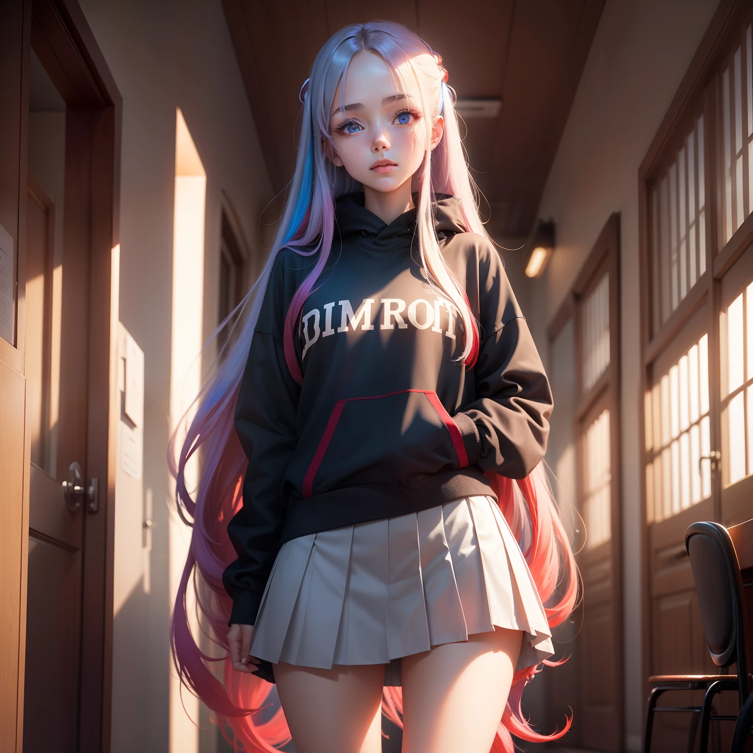 A beautiful girl aged 18，Her long, silky hair hangs down her waist，The hair color takes on a dazzling color，Red and blue gradients，A pair of heterochromic pupils，One red and one blue，Wear a pleated skirt and a wide sweatshirt。