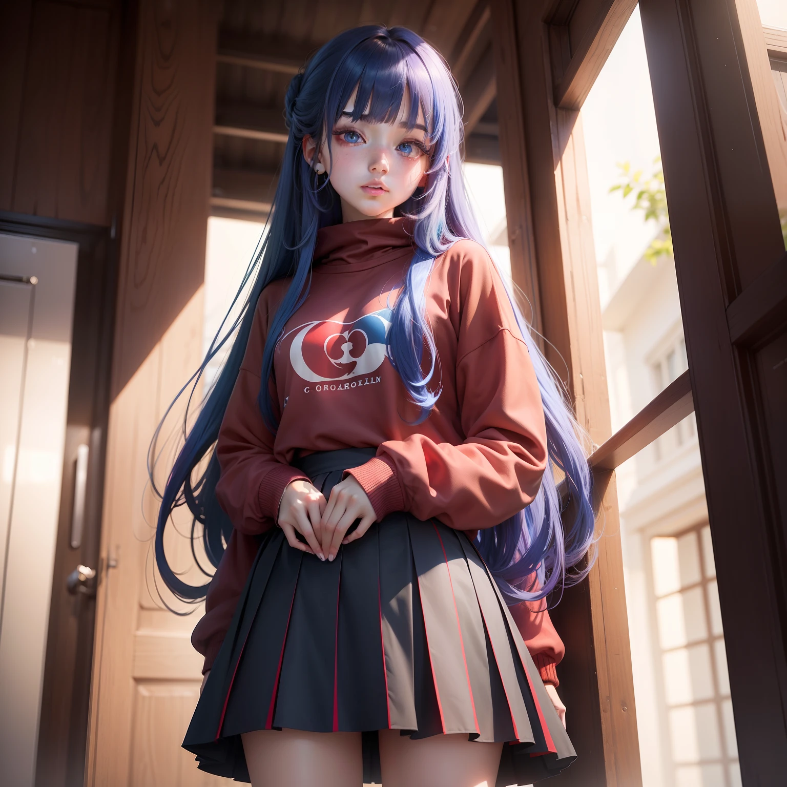 A beautiful girl aged 18,Her long, silky hair hangs down her waist,The hair color takes on a dazzling color,Red and blue gradients,A pair of heterochromic pupils,One red and one blue,Wear a pleated skirt and a wide sweatshirt。