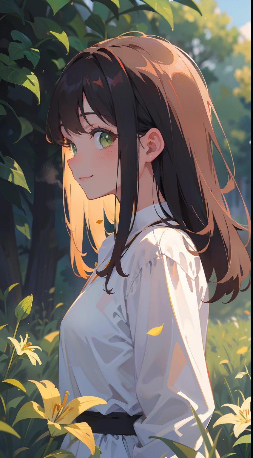 (masterpiece), (best quality), ultra high res, sharp focus, warm pastel tone, ((1 woman, solo)), upper body, front profile shot, beautiful detailed hair, chestnut brown hair, long hair tumbles down, beautiful detailed face, green eyes, comfortable face, perfect feminine face, looking at the viewer, smiles, in the meadow of lily flowers, picking up the flower for viewer, (in the morning time:1.2), in goddes greek wardrobe