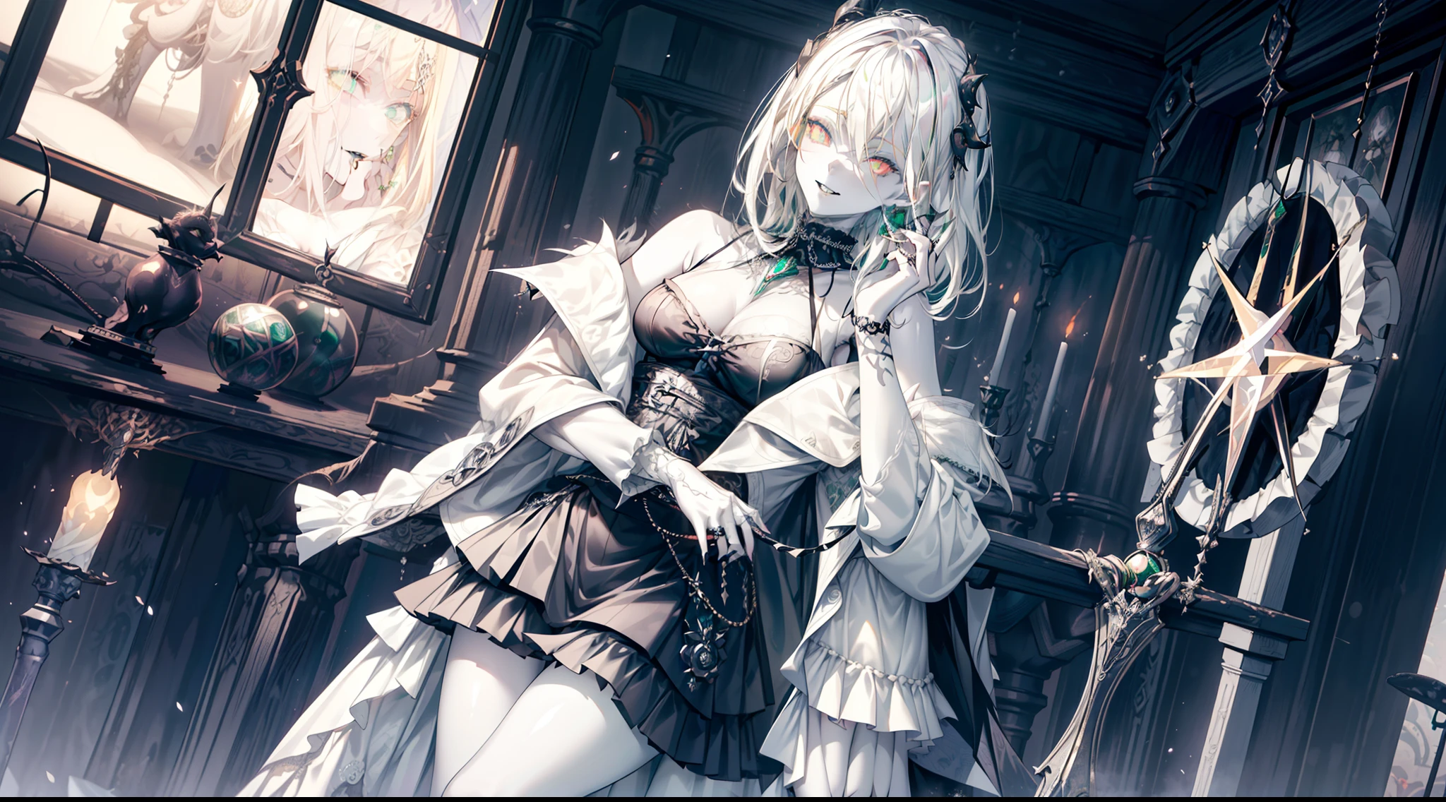 (necromance:1.2) girl, 1girl, perfect and well designed shiny eyes, (beautiful detailed (emerald:1.3) marsh eyes:1.05), natural breasts, slim body, beautiful and delicate face, (face detail), ((realistic face)), pores, ((pale skin)), detailed skin, realistic skin, medium length hair, hair voluminous, super high resolution, 8k, parameters Best quality, (masterpiece:1.4), (magic accessories:1.4), bracelets, necklaces, dark extremely detailed thick tight ((lacy silk clothing:1.3), (lacy wrap dress:1.2), (lycra kimono:0.8),(wild goth skirt:1.5)), (shabby ruffles coat:1.6), (embroidery and lace:1.3), (jewelry ornaments:1.6), hair ornament, (cloth:1.3), (neckline:1.3), (cleavage), decolette, navel, Young Girl, Little Beast, (crazy:0.7) Smile, (Pale Skin:2.0), (19 Piercings:1.6), ((tattoos all over body, Tribal tattoos all over legs)), surrounded by darkness, (Darkness:1.2), Dark Fantasy, ultra detailed, photorealistic, ((Real image)), (best quality:1.4), super high resolution, (Realistic 2.0), More details, (full body portrait), (((1girl))), (witchcraft:1.5), magic energy flows and sparkles, (futurism:1.3), fantasy, (cyberpunk:1.4), (magic technologies:1.3), (beautiful and aesthetic:1.2), (fractal art:1.4), (cinematic light:1.1), (DUTCH ANGLE:1.75), 16K, HDR, RTX, Ray Tracing, Radiosity, Anisotropic Filtering, Subsurface Scattering, (((magic lights))), metallic reflections, Detailed, Realistic, 4k highly detailed digital art, (cool_color), extremely detailed CG unity 8k wallpaper, vibrant colors, (((seductive pose)))
