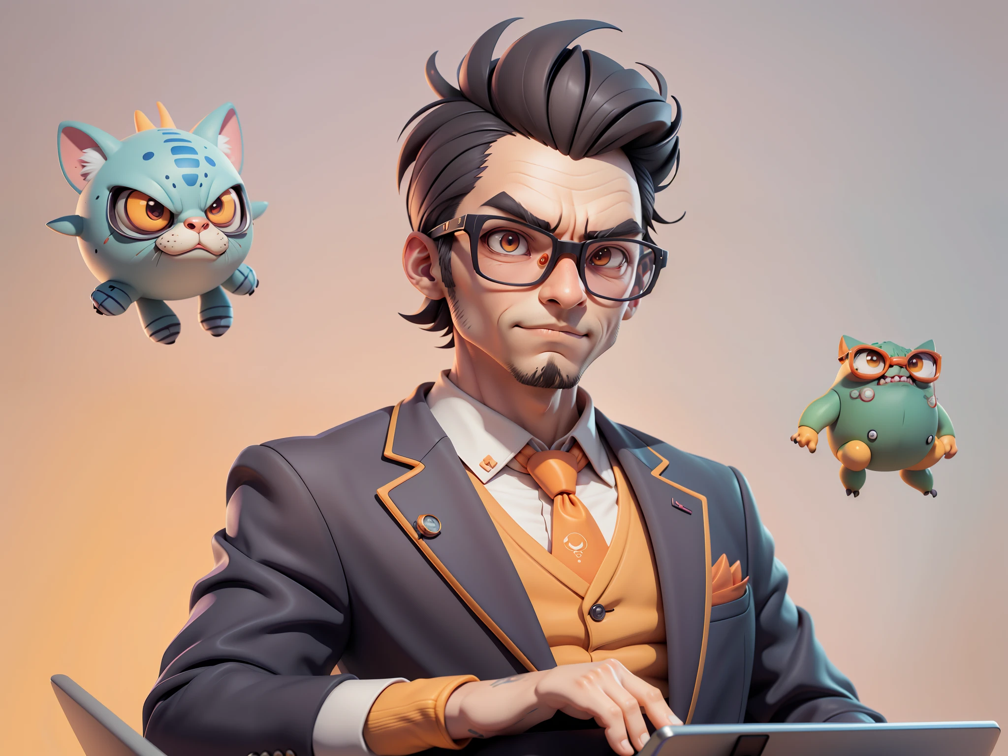 A young man in a suit, Short hair and glasses sat at his desk,holding laptop,digitial painting,tigre,3D character design by Mark Clairen and Pixar and Hayao Miyazaki and Akira Toriyama,4K HD illustration,Very detailed facial features and cartoon-style visuals。