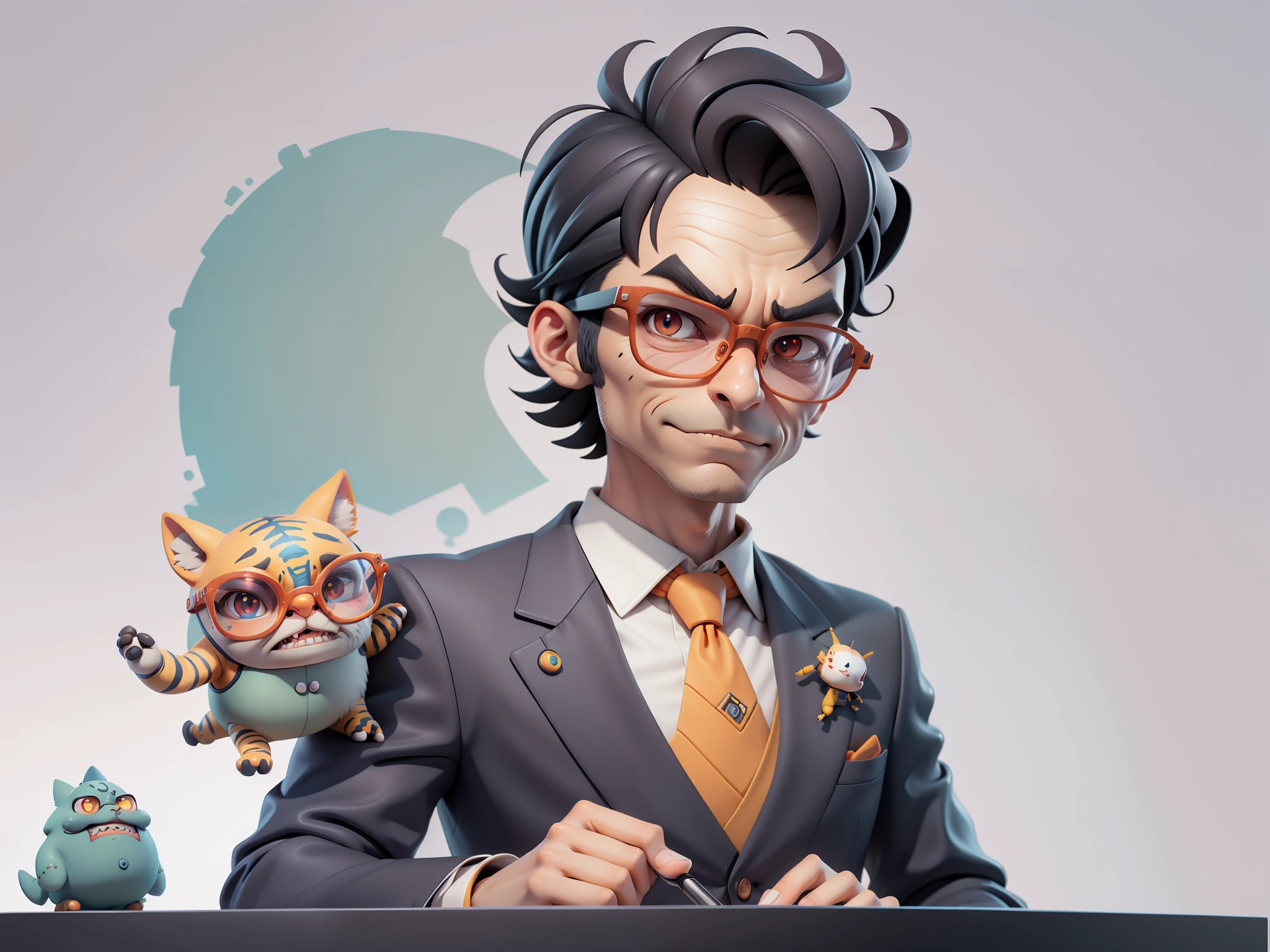 A young man in a suit, Short hair and glasses sat at his desk,holding laptop,digitial painting,tigre,3D character design by Mark Clairen and Pixar and Hayao Miyazaki and Akira Toriyama,4K HD illustration,Very detailed facial features and cartoon-style visuals。
