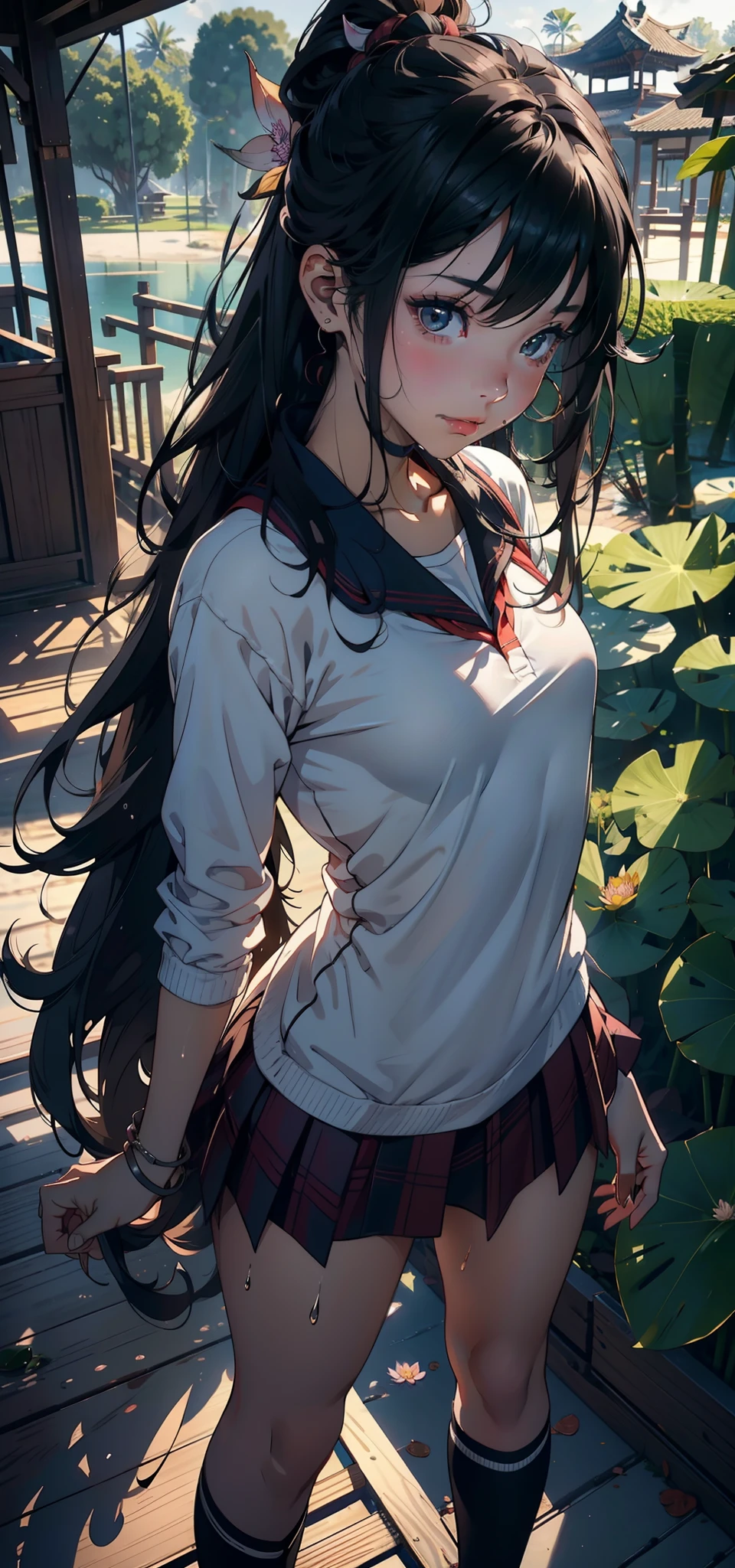 1female，11yo，bit girl，Small loli，smallunderboob ，Pornographic exposure， 独奏，（Background with：bamboo forrest，lotuses，lotus flower，exteriors，Lotus pond） She has long black hair，standing on your feet，Sweat profusely，drenched all over the body，seen from the front， hair straight， mostly cloudy sky，（（（tmasterpiece），（Very detailed CG unity 8K wallpaper），best qualtiy，cinmatic lighting，detailed back ground，beatiful detailed eyes，Bright pupils，Black eyes，（Very fine and beautiful），（Beautiful and detailed eye description），ultra - detailed，tmasterpiece，）），facing at camera，A high resolution，ultra - detailed），revealing breasts，Bare genitalia，  Bulge，legs are open，Raised sexy，Camel toes，Flushed complexion，Open-mouthed，frontage，elementary student，（Wearing：Republican style school uniform）Full body photo，Show shoes