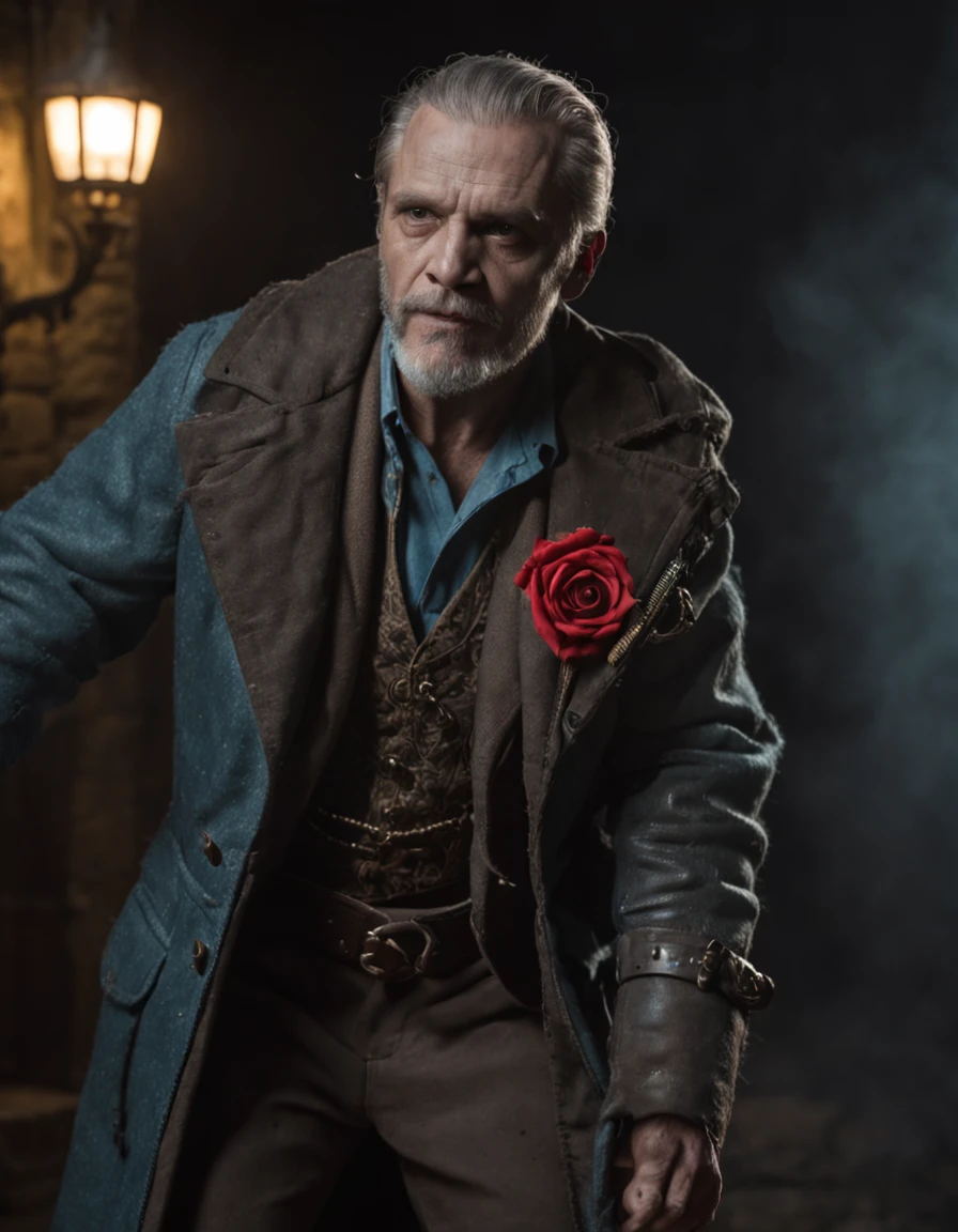 1hombre, solamente, Cinematographer, cerrar, Retrato del musculoso hombre Hellboy con cuerno largo gigante lleva chaqueta de abrigo en medio del altar con grupo adorador del diablo en la noche, Remolino de fantasmas azules, luz corta, Luz de llanta, Yellow Magic Energy, aura azul, Drama, realista, recargado, poca luz,HDR,8k