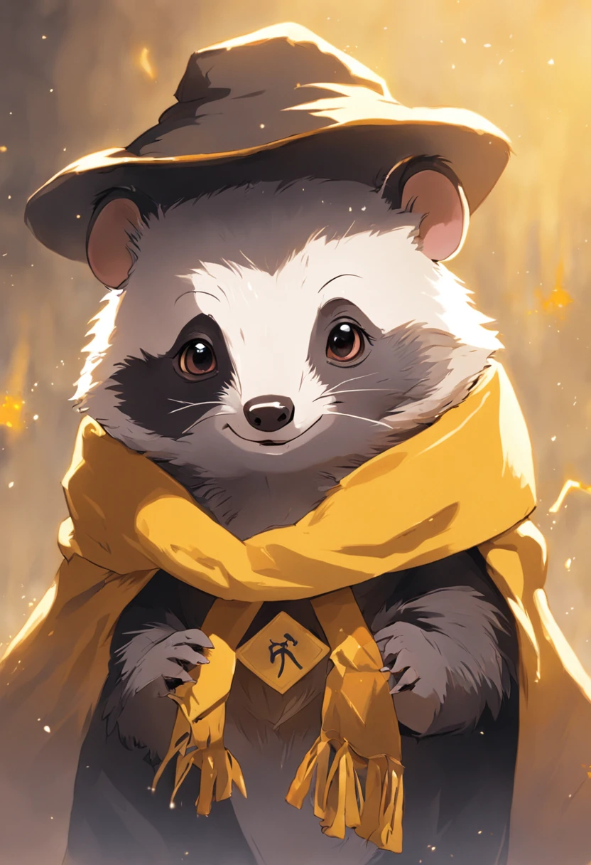 Create a cute illustration of a badger wearing a colorful Hufflepuff scarf and the legendary Sorting Hat