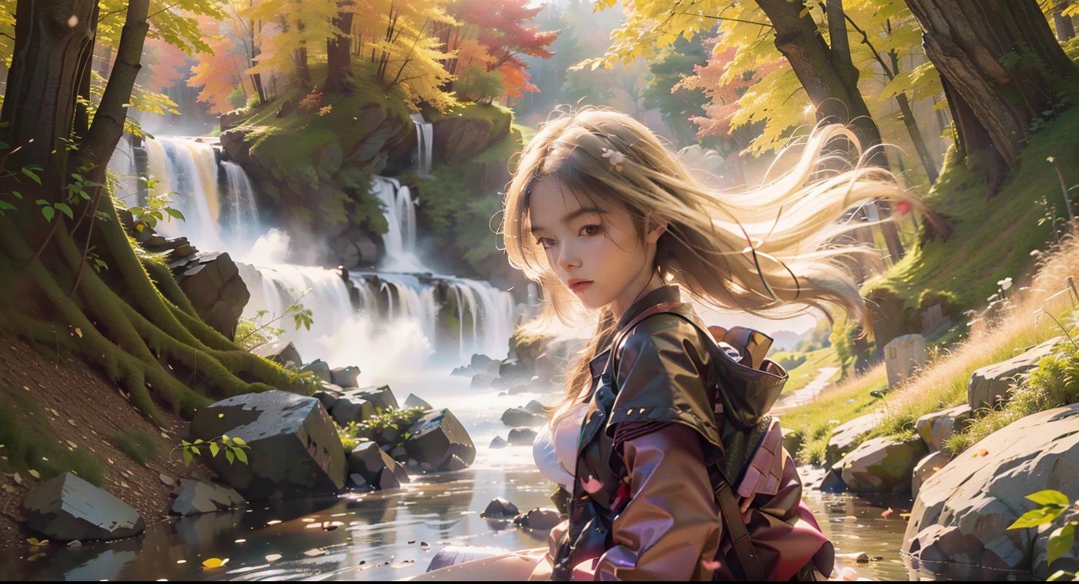 fall season,full bodyesbian, standing on your feet,long skirt,Portrait of cute blonde girl, Standing in the woods of the forest,There is a stream, (((looks away))), In the distance, The mountains are full of red maple,Red Maple, orange fog, Exercise, floated hair, Realism, High-quality rendering, stunning art, High quality, filmgrain, Fujifilm XT3, Dreamy,