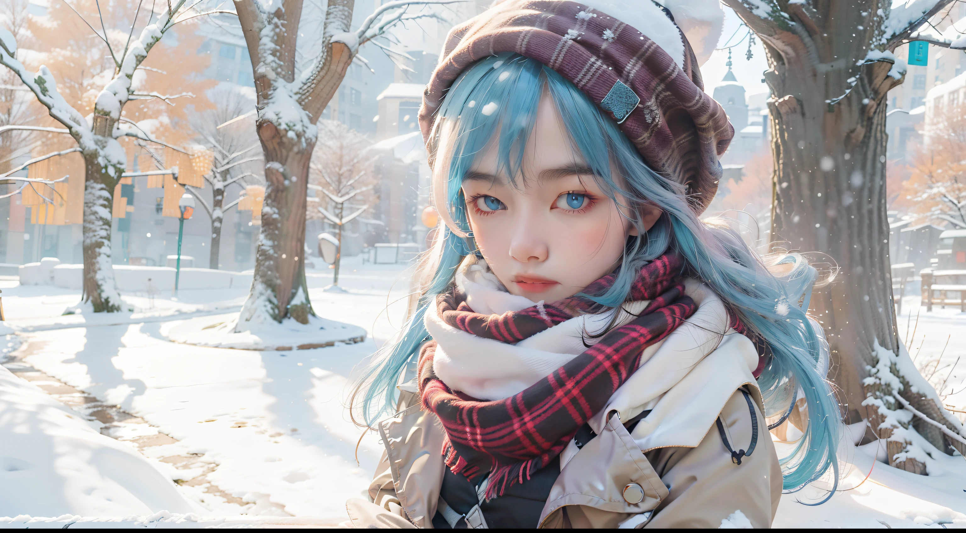 1girll, Solo, Scarf, Skirt, Pantyhose, Hat, Long hair, tartan, Coat, Plaid scarf, Outdoors, Eyebrows visible through hair, view the viewer, Pleated skirt, Blush, mitts, bangs, Beanie, Long sleeves, black sock, nevando, Dutch angle, Boots, tree, Purple skirt, fringe trim, Blue eyes, Holding, Snow, standing, Blue hair, winter clothes, sleeves past wrists, covered mouth, White gloves, winter, White headwear, Bare tree, Brown coat,Mist,rough breath,