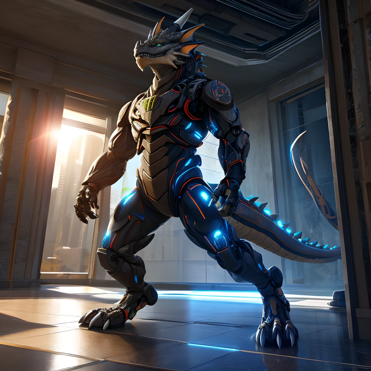 An advanced bionic mech, cybrog, anthro, dragon, female, full body, Delicate face, Delicate eyes, 1 tail, (glowing LED), energy, digitigrade,Standing on the tiles in the apartment， extremely detailed CG unity 8k wallpaper, realistic, masterpiece, highest quality, lens flare, unreal engine, trending on ArtStation, Intricate, High Detail, dramatic, realism, Sandals