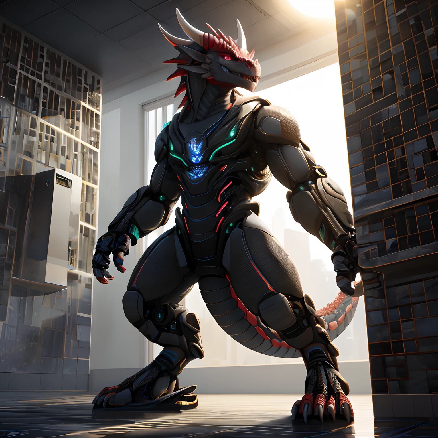 An advanced bionic mech, cybrog, anthro, dragon, female, full body, Delicate face, Delicate eyes, 1 tail, (glowing LED), energy, digitigrade,Standing on the tiles in the apartment, extremely detailed CG unity 8k wallpaper, realistic, masterpiece, highest quality, lens flare, unreal engine, trending on ArtStation, Intricate, High Detail, dramatic, realism, Sandals