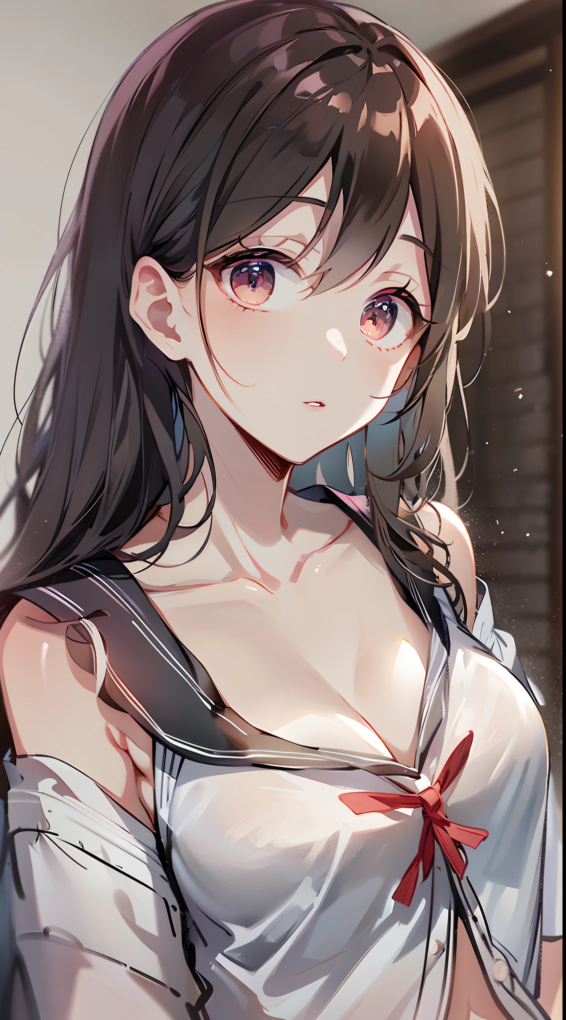 (8k, RAW photo, best quality, masterpiece:1.2), yjnn, 1girl, 2d anime, asian, bangs, bare_shoulders, bow, bra, breasts, brown_eyes, brown_hair, cleavage, lips, long_hair, long_sleeves, looking_at_viewer, medium_breasts, navel, nose, off_shoulder, open_clothes, open_shirt, panties, realistic, shirt, solo, stomach, underwear, undressing, upper_body, white_panties, japanese school uniform, Shiny skin, beautiful delicate face, beautiful delicate eyes ,(realistic, photo realistic:1), hand touches bra