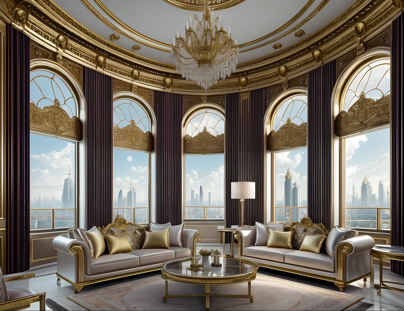 Best quality, masterpiece, photorealistic, (high resolution CGI artwork 8k), create a stunning modern opulent living room of a princess, the color scheme is ethereal in holographic reflective pastels, golds, and marble, ornate grand historical window, high-resolution, 3D-rendered masterpiece of digital art, flawlessly blending the worlds of fantasy and reality, dreamy glimmer, the cityscape is a fantastical world of wonder, inspired by Beeple