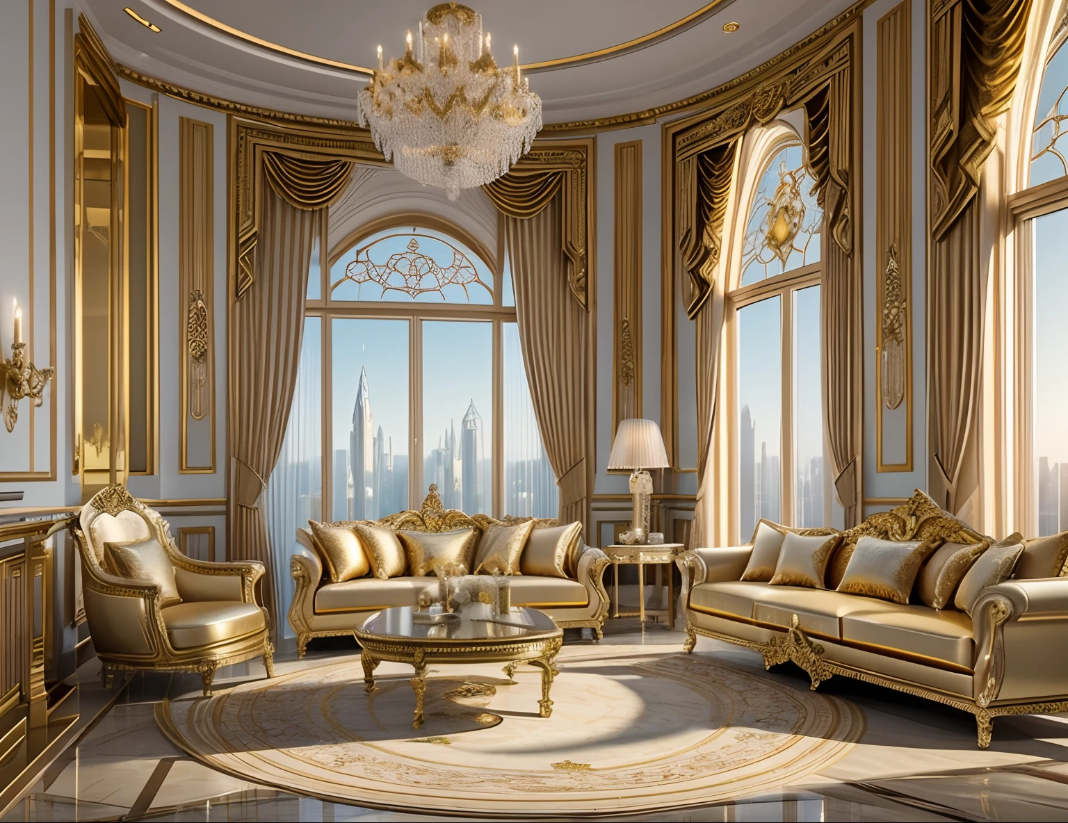 Best quality, masterpiece, photorealistic, (high resolution CGI artwork 8k), create a stunning modern opulent living room of a princess, the color scheme is ethereal in holographic reflective pastels, golds, and marble, ornate grand historical window, high-resolution, 3D-rendered masterpiece of digital art, flawlessly blending the worlds of fantasy and reality, dreamy glimmer, the cityscape is a fantastical world of wonder, inspired by Beeple