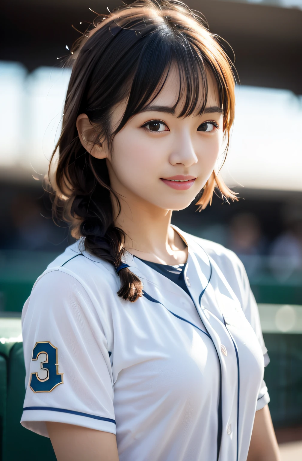 (8K, Raw-Photo, Top  Quality, ​masterpiece: 1.2), ​masterpiece, super detaill, 超High Resolution A, (realistic and realistic photo: 1.37), High Definition RAW Color Photography, very delicate and beautiful., ighly Details, 8K wallpaper, astonishing, The Details, very detail eyes, highlydetailed skin, extremely detailed fingers, extremely detailed nose, highly detail mouth, perfect anatomia,1girll, (Baseball Uniforms), hazy, blured background, blurred foreground, blush, Braid, pectorals, depth of fields, Eyebrows Visible Through Hair, Frild, Hair between eyes, baseball stadium, jewellery, looking up at viewer, Short hair, Sitting, Solo, tits huge、乃木坂アイドル、韓国アイドル、hposing Gravure Idol、pornstar、18 years-old、Tall、韓国アイドル、乃木坂アイドル、pornstar、hposing Gravure Idol、((s whole body)), ((Gravure Pose))