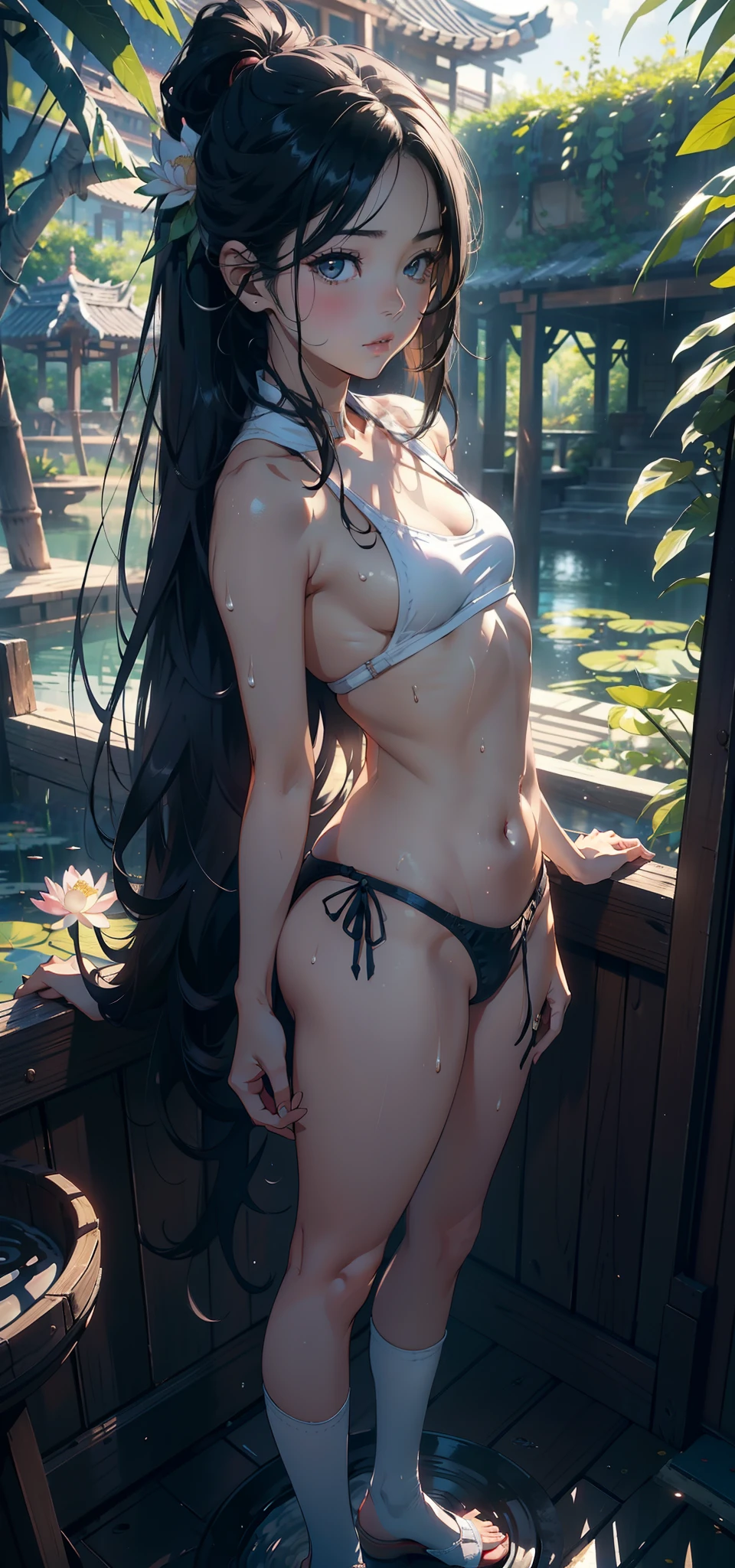 1female,,bit girl,Small lolillunderboob ,Pornographic exposure, 独奏,(Background with:bamboo forrest,lotuses,lotus flower,exteriors,Lotus pond) She has long black hair,standing on your feet,Sweat profusely,drenched all over the body,seen from the front, hair straight, mostly cloudy sky,(((tmasterpiece),(Very detailed CG unity 8K wallpaper),best qualtiy,cinmatic lighting,detailed back ground,beatiful detailed eyes,Bright pupils,Black eyes,(Very fine and beautiful),(Beautiful and detailed eye description),ultra - detailed,tmasterpiece,)),facing at camera,A high resolution,ultra - detailed),revealing breasts,Bare genitalia, Bulge,legs are open,Raised sexy,Camel toes,Flushed complexion,Open-mouthed,frontage,college aged,(Wearing:Republican school uniform)Full body photo,Show shoes