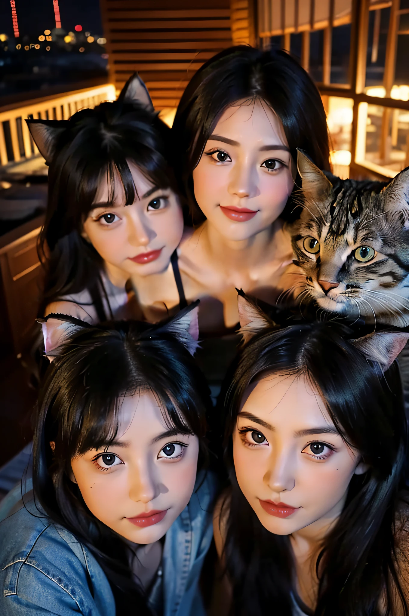 Cartoon, Disney style, oil painted, Intricate, Two adult cats, Three kittens, on a rooftop, Can feature portraits, kindness, Beauty, softness, Big beautiful eyes, voluminetric lighting, Beautiful, rich deep color, Masterpiece, Sharp focus, Ultra detailed, astrophotography