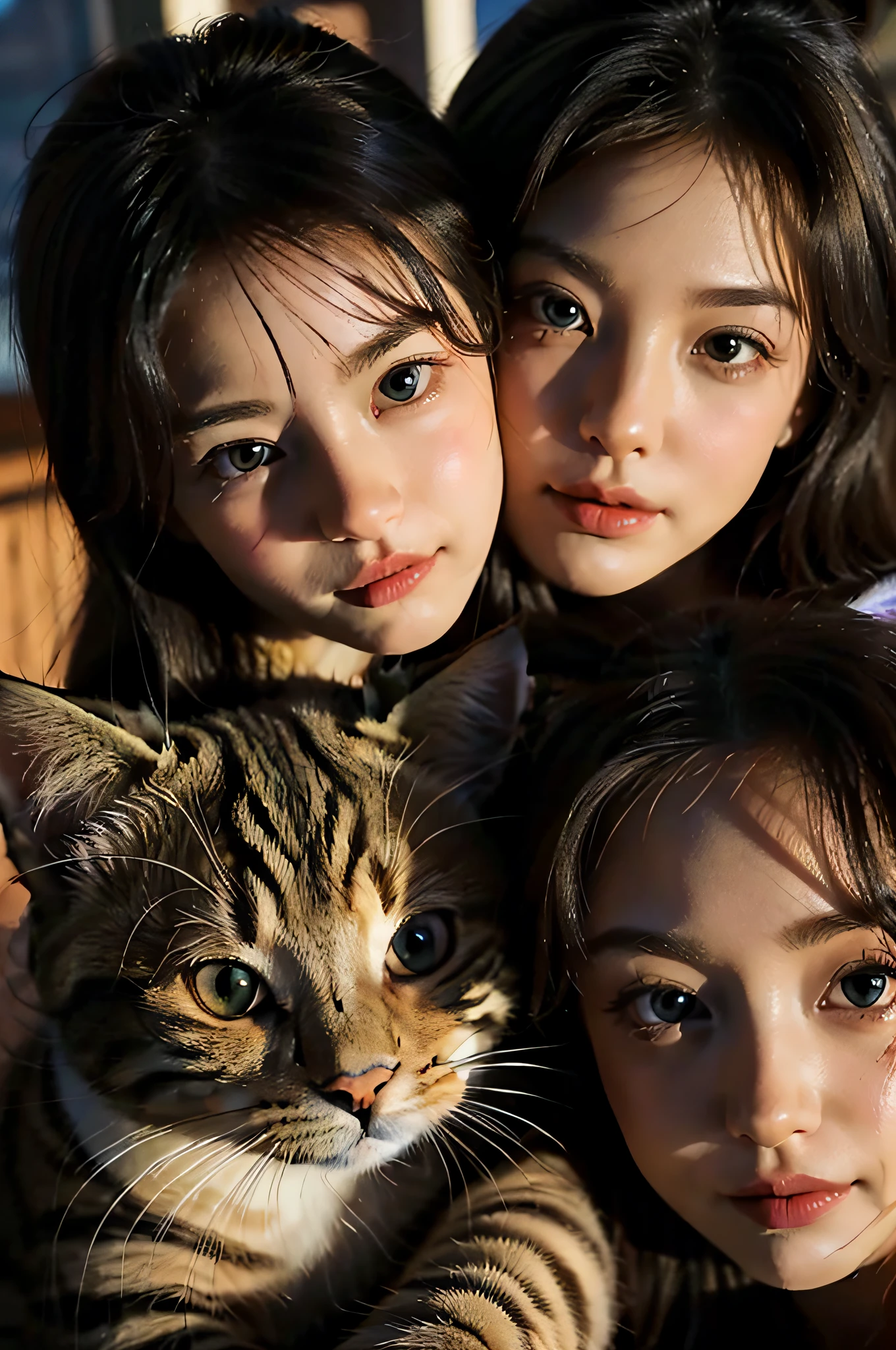 CARTOON, DISNEY STYLE, OIL painted, intricate, TWO ADULT CATS, THREE KITTENS, ON A ROOF TOP, characteristic portrait of a lovely woman, kindness, beauty, softness, big beautiful eyes, volumetric lighting, beautiful, rich deep colors, masterpiece, sharp focus, ultra detailed, astrophotography