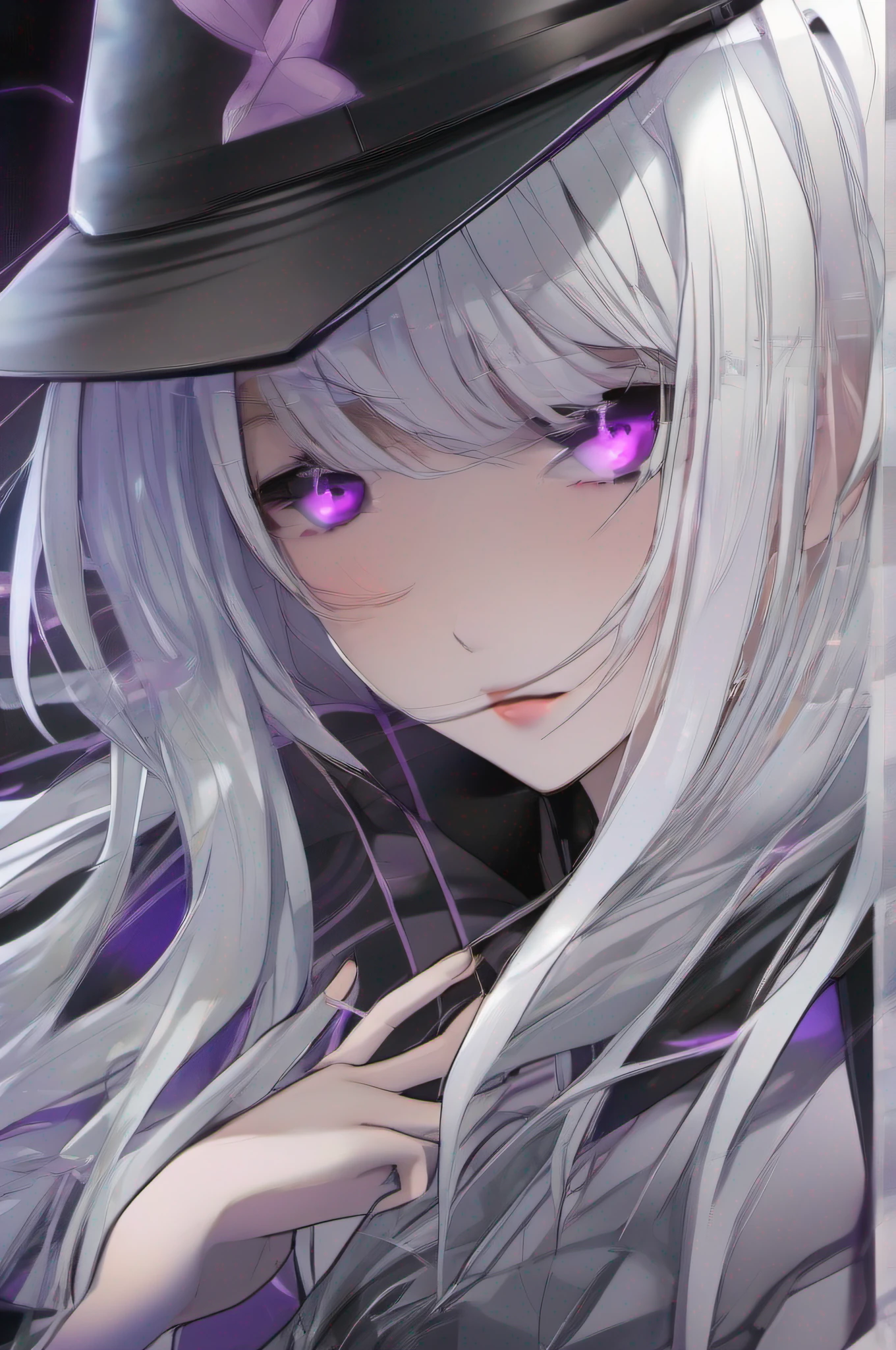 The face is covered with a rectangular black translucent veil,long white hair,Purple eyes ,schoolgirls,comic strip