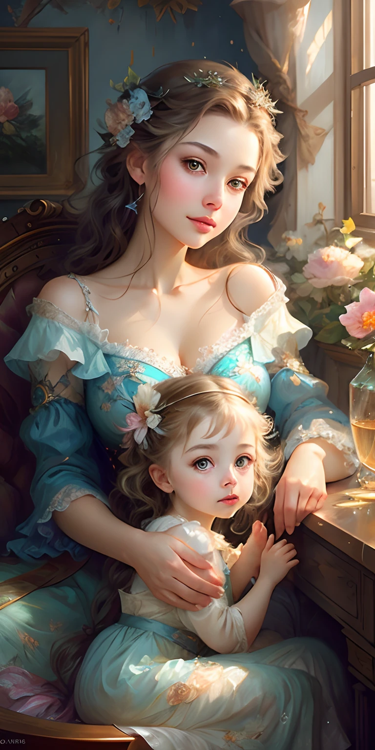 art by Vladimir Volegov,
Mother and daughter, ultra hd detailed painting beautiful faces and eyes, modern portrait,
digital art
, Jean-Baptiste Monge style, bright, beautiful , splash,
, Glittering , cute and adorable, filigree, , rim lighting, lights, extremely , magic, surreal, fantasy, digital art, , wlop, artgerm and james jean,