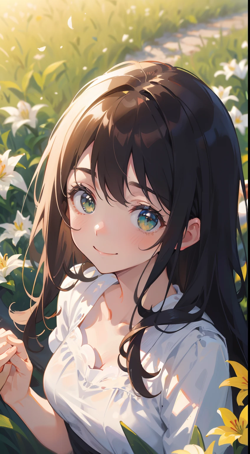 (masterpiece), (best quality), ultra high res, sharp focus, warm pastel tone, ((1 woman, solo)), upper body, dutch shot, (from above), beautiful detailed hair, chestnut brown hair, long hair tumbles down, beautiful detailed face, green eyes, comfortable face, perfect feminine face, looking at the viewer, smiles, in the meadow of lily flowers, (in the morning time:1.2), is holding hand of viewer