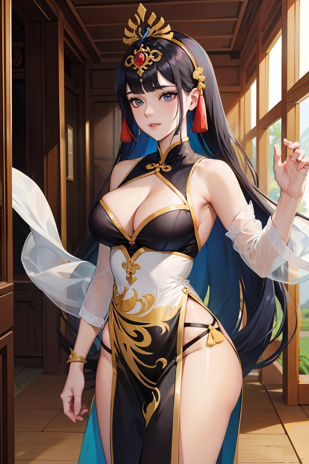 1deidade feminina,sexy mulher madura usando roupa chinesa hunfa estilo wuxia,cabelos longos,cor vermelhos,olhos distintos,voluptuous master of the pill pavilion,seios grandes,roupas femininas negras acentuando seu corpo,mulher de olhar atento,maliciosa e desafiadora,Imposing standing in front of a hall of arms
