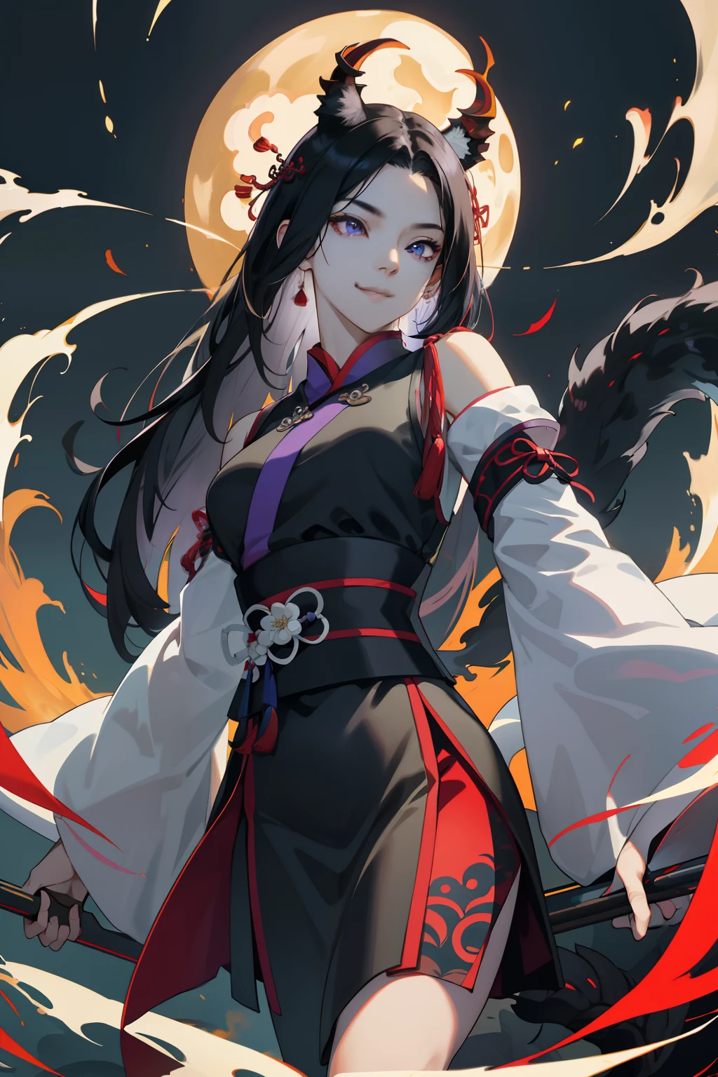 （Female characters in Chinese mythology）, （The mythical Daji），nine tail fox，（sexyposture），「In the world of aesthetics、One long hair，Bright black hair，A MILF、Wearing purple and pure white Hanfu。Her mysterious charm is:::、Sexy legs，cropped shoulders」（High- sharpness，ultra - detailed）， tmasterpiece， best qualtiy， 独奏， Black skirt， Eyebrows， finely eyes， 详细的脸， swirles，Flirtatious，adolable,vivaciousness, seductiv，finely quality eyes, Complicated details, , 独奏, Half shot, detailedbackground，Evil laughter，Floating black smoke、Backlit realistic lighting、Armory、Hair flutters in the wind，Surrounded by ink,Surrounded by clouds, Clear face, Clear and bright eyes, High detail, (A high resolution, ultra - detailed), Cinematic lighting, Motion blur, Ray tracing, reflective light, (Close-up), Masterpiece, Best quality, High quality, Anatomically correct, Textured skin, High details, Super detail, 1080p, hyper HD,