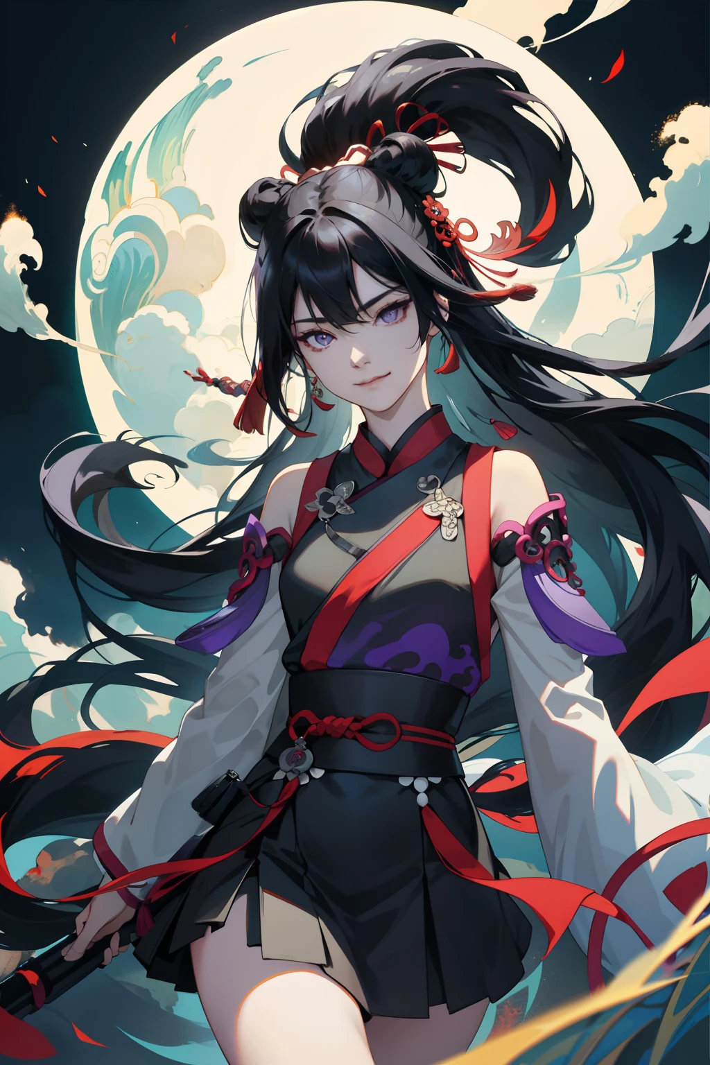 (Female characters in Chinese mythology), (The mythical Daji),nine tail fox,(sexyposture),「In the world of aesthetics、One long hair,Bright black hair,A MILF、Wearing purple and pure white Hanfu。Her mysterious charm is:::、Sexy legs,cropped shoulders」(High- sharpness,ultra - detailed), tmasterpiece, best qualtiy, 独奏, Black skirt, Eyebrows, finely eyes, 详细的脸, swirles,Flirtatious,adolable,vivaciousness, seductiv,finely quality eyes, Complicated details, , 独奏, Half shot, detailedbackground,Evil laughter,Floating black smoke、Backlit realistic lighting、Armory、Hair flutters in the wind,Surrounded by ink,Surrounded by clouds, Clear face, Clear and bright eyes, High detail, (A high resolution, ultra - detailed), Cinematic lighting, Motion blur, Ray tracing, reflective light, (Close-up), Masterpiece, Best quality, High quality, Anatomically correct, Textured skin, High details, Super detail, 1080p, hyper HD,