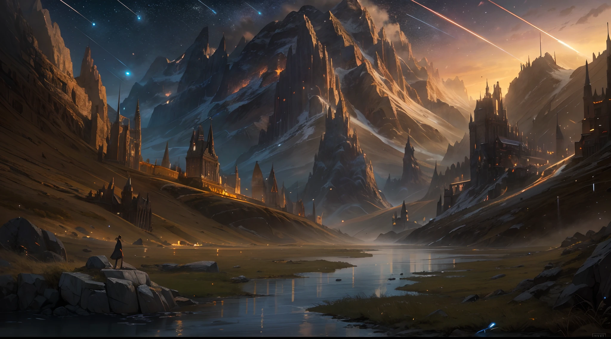 "(by Greg Rutkowski: 1.2), (masterpiece), (best quality), extremely delicate and beautiful, illustration, (fantasy landscape), A mesmerizing fantasy landscape with enchanting elements blending seamlessly. (Awe-inspiring nature scene showcasing a mesmerizing meteor shower on beautiful night sky), a enchanting fantastical realm. fantasy landscape with majestic mountain in grass plain. (no sun), (midnight), depth of field, HDR, intricate"