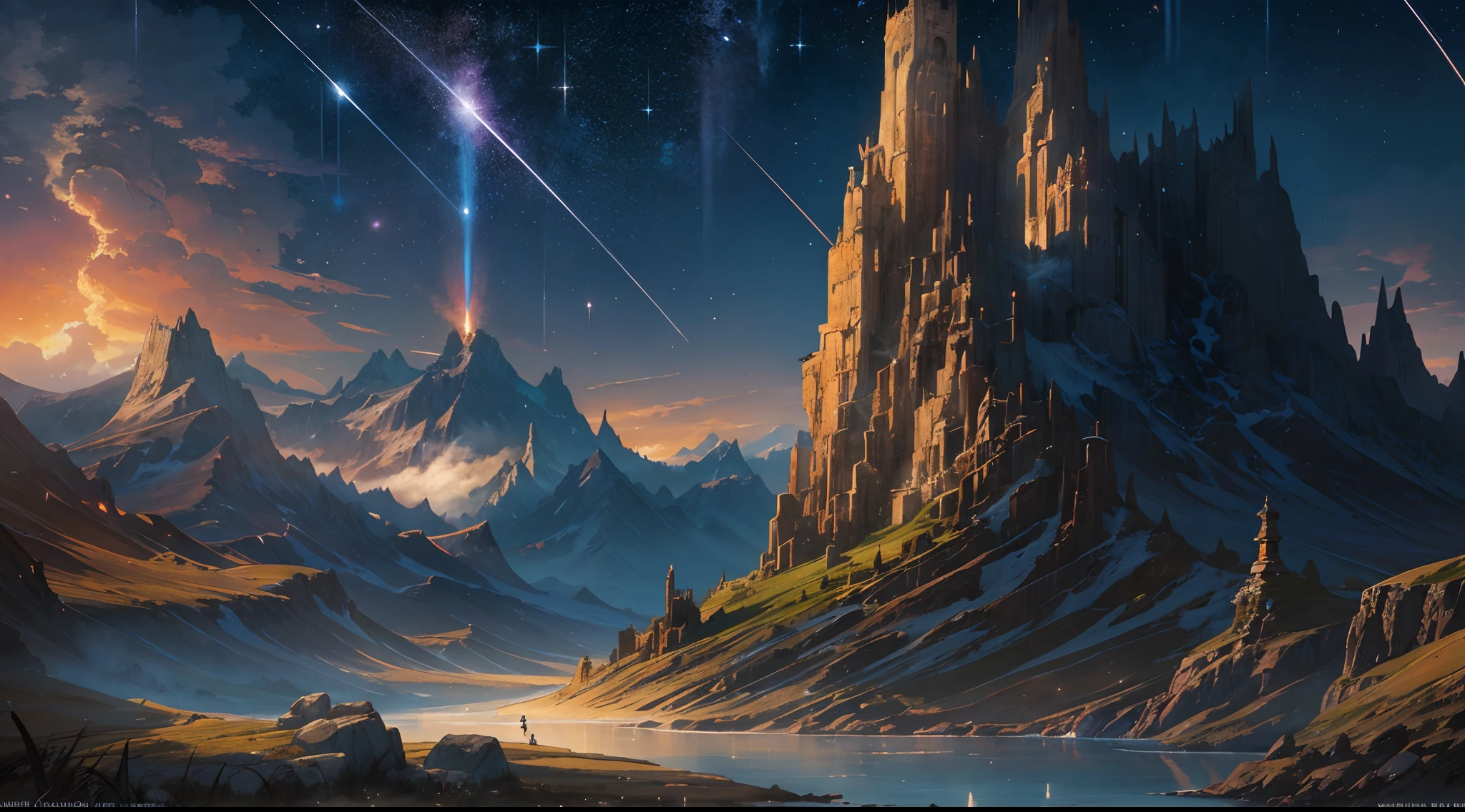 "(by Greg Rutkowski: 1.2), (masterpiece), (best quality), extremely delicate and beautiful, illustration, (fantasy landscape), A mesmerizing fantasy landscape with enchanting elements blending seamlessly. (Awe-inspiring nature scene showcasing a mesmerizing meteor shower on beautiful night sky), a enchanting fantastical realm. fantasy landscape with majestic mountain in grass plain. (no sun), (midnight), depth of field, HDR, intricate"