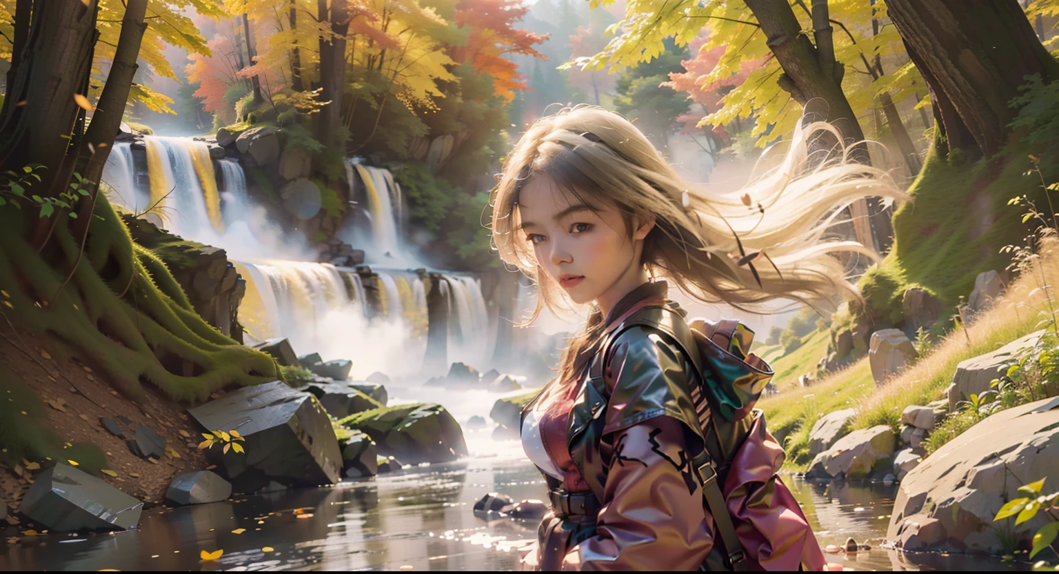 fall season,full bodyesbian, standing on your feet,long skirt,Portrait of cute blonde girl, Standing in the woods of the forest,There is a stream, (((looks away))), In the distance, The mountains are full of red maple,Red Maple, orange fog, Exercise, floated hair, Realism, High-quality rendering, stunning art, High quality, filmgrain, Fujifilm XT3, Dreamy,