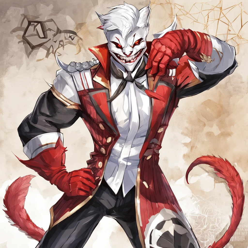 (best quality, masterpiece:1), furry male 1boy anthro angeldust, 4 arms, white striped suit, thigh boots, gold tooth, chest tuft, choker, bowtie, looking at viewer, red gloves, grin, sharp teeth, abstract spiderweb background,