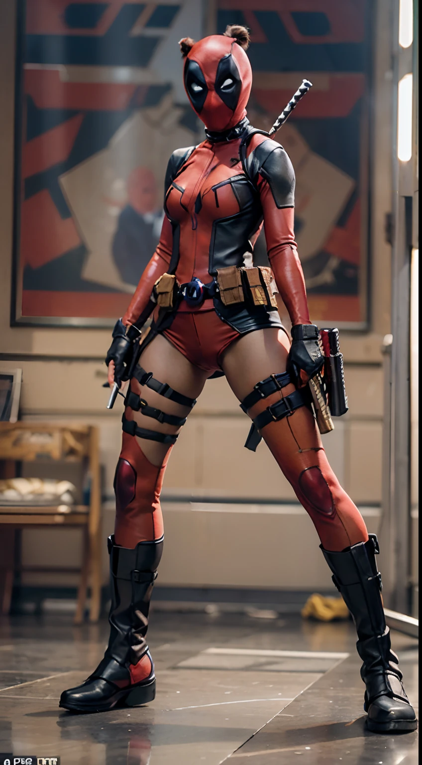 Female version《Deadpool》,(Female Deadpool),American Marvel Comics anti-hero characters are mercenaries,Female version(Wade Wilson),Deadpool is a master of hand-to-hand combat,Mainly used in French boxing(Savat)Martial arts combined with Chinese Kung Fu。Due to the madness of Deadpool's nature,She is able to change her daily routine at any time during the battle,Make operations unpredictable。The top martial arts master in the Marvel Universe,Like Wolverine、The imitation master was also defeated by the dead maid for this,Deadpool excels at using a variety of firearms、dynamite、Cold weapons,But the favorite weapons are two katanas made of special alloys。She is able to generate an energy field through the uniform to recharge his double knife, Improve the sharpness and durability of the blade,It is even possible to cut diamonds。Deadpool Belt has built-in space teleportation,But it is not stable,It is not possible to selectively adjust the position of movement,It can even selectively move certain parts of the body。。。。。。Red and black tights,Deadpool hood,Female Deadpool,Multifunctional belt,huge tit,Thin waist and thick hips,long leges,Sexy figure,