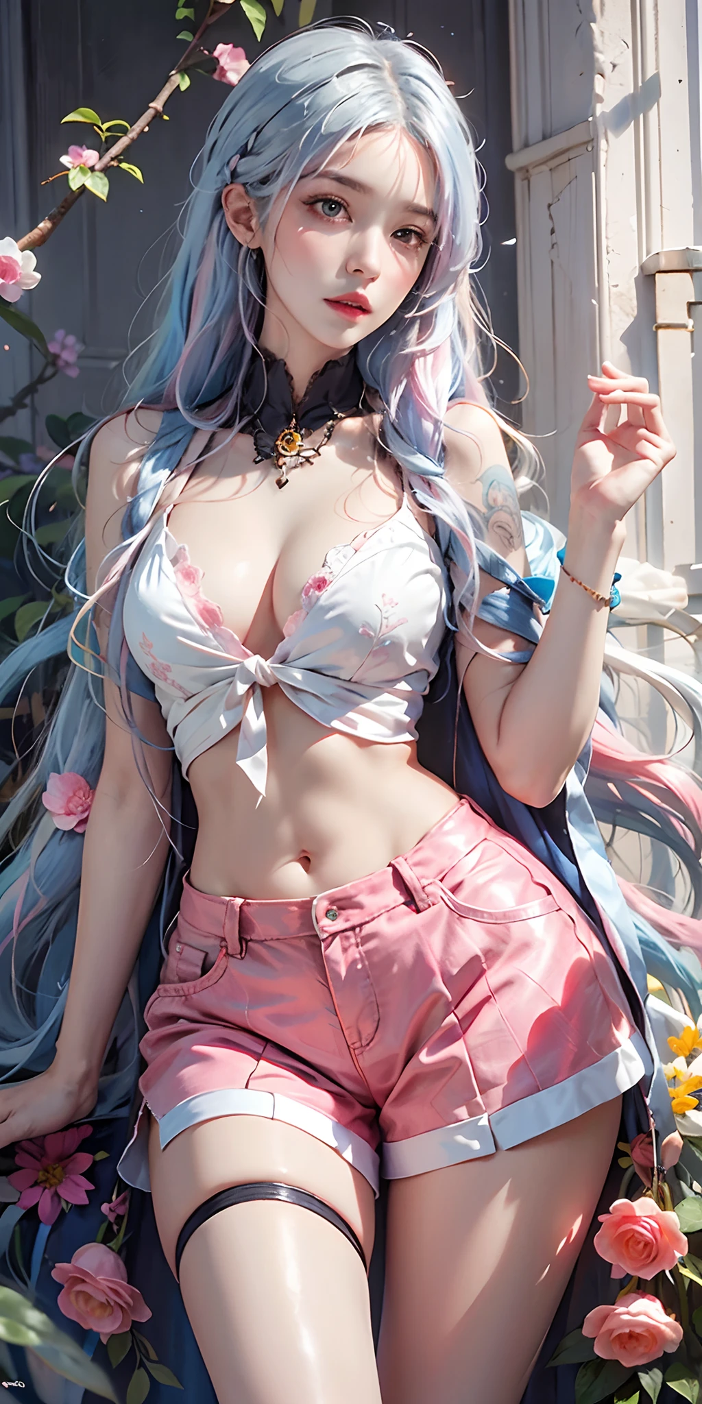 photorealistic, high resolution, soft light,1women, solo, hips up, shining skin, (detailed face),tattoo, jewelry, (rainbow color Hair,colorful hair,half blue and half pink hair:1.2), white_skirt, high-waist_shorts, outfit ,roses,(dynamic angle:1.1),vivid,Soft and warm color palette, delicate brushwork, evocative use of light and shadow, wide shot,subtle details in the wilting flowers,high contrast,color contrast,