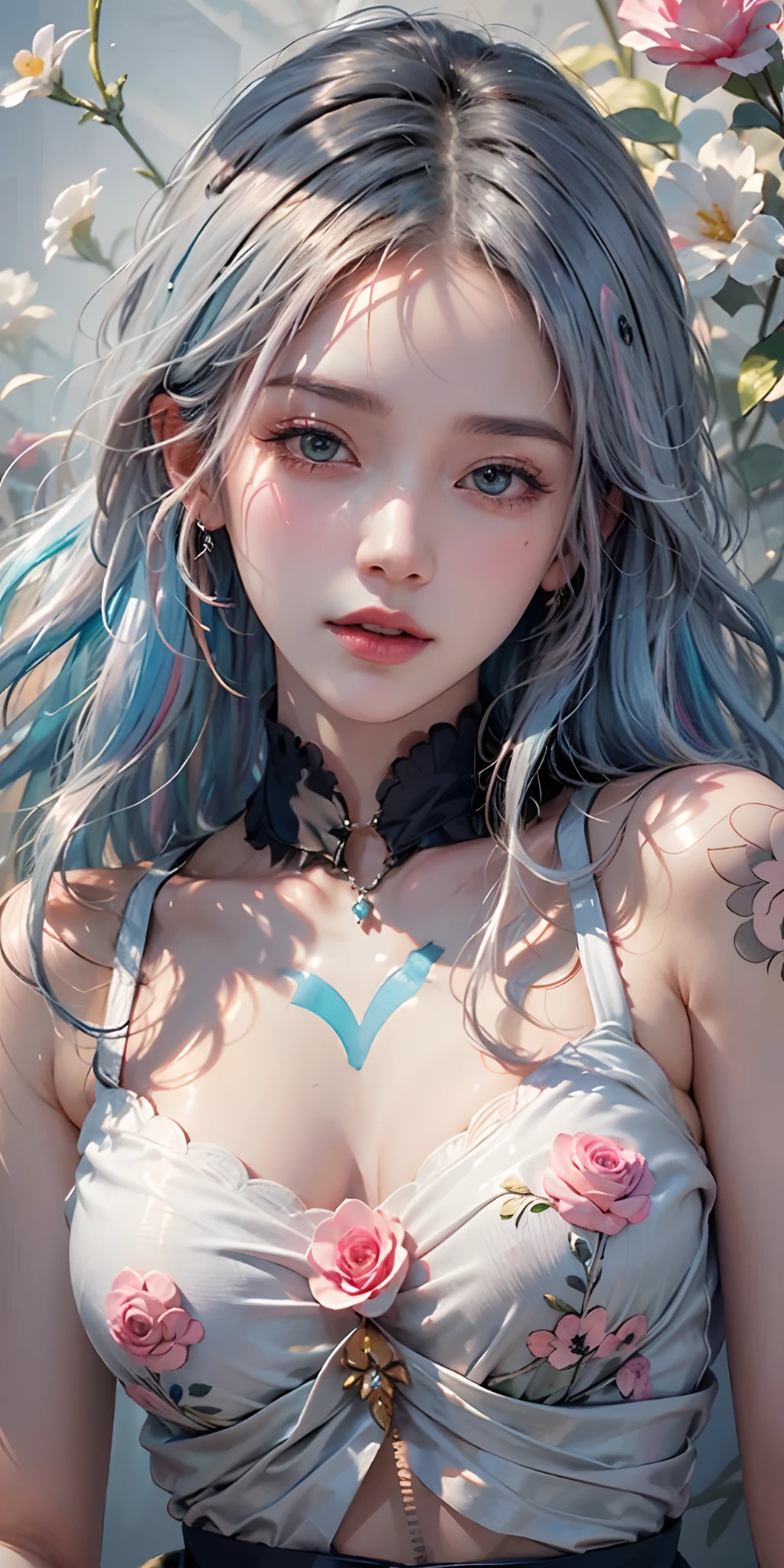 photorealistic, high resolution, soft light,1women, solo, hips up, shining skin, (detailed face),tattoo, jewelry, (rainbow color Hair,colorful hair,half blue and half pink hair:1.2), white_skirt, high-waist_shorts, outfit ,roses,(dynamic angle:1.1),vivid,Soft and warm color palette, delicate brushwork, evocative use of light and shadow, wide shot,subtle details in the wilting flowers,high contrast,color contrast,