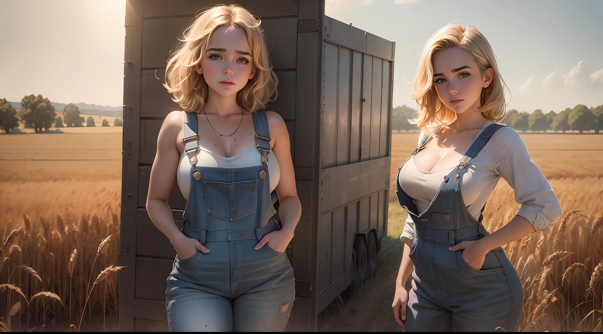 gorgeous voluputous woman ("kiernan shipka"), huge heavy breasts, wide hips, shinny skin, in a wheat field farm, looking away, overalls, warm light, ray tracing, backlighting, UHD, anatomically correct, textured skin, super detail, award winning, masterpiece, 8k, best quality