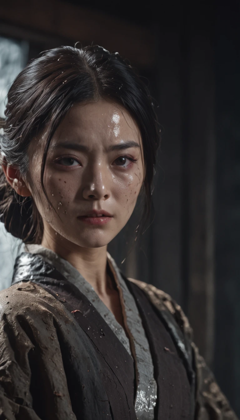 (japanese horror:1.5),(apparition:1.5), Cinematic shots,Woman with dark hair1a person, Angry eyes, Kimono, disheveled hair, pale skin,(rain falling:1.4), (Ruins:1.3),(Soaking wet woman:1.8),Coarse grain, (Melted Face 1.5), (rotting skin:1.1), darkness,The Darkness (Film grain:1.3, 8K, awardwinning, Best Quality), hight resolution, Super Detail, high details, Anatomically correct, nffsw, (masutepiece:1.3)