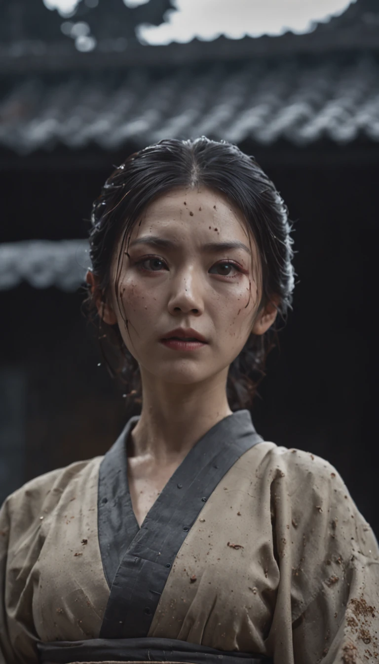 (japanese horror:1.5),(apparition:1.5), Cinematic shots,Woman with dark hair1a person, Angry eyes, Kimono, disheveled hair, pale skin,(rain falling:1.4), (Ruins:1.3),(Soaking wet woman:1.8),Coarse grain, (Melted Face 1.5), (rotting skin:1.1), darkness,The Darkness (Film grain:1.3, 8K, awardwinning, Best Quality), hight resolution, Super Detail, high details, Anatomically correct, nffsw, (masutepiece:1.3)