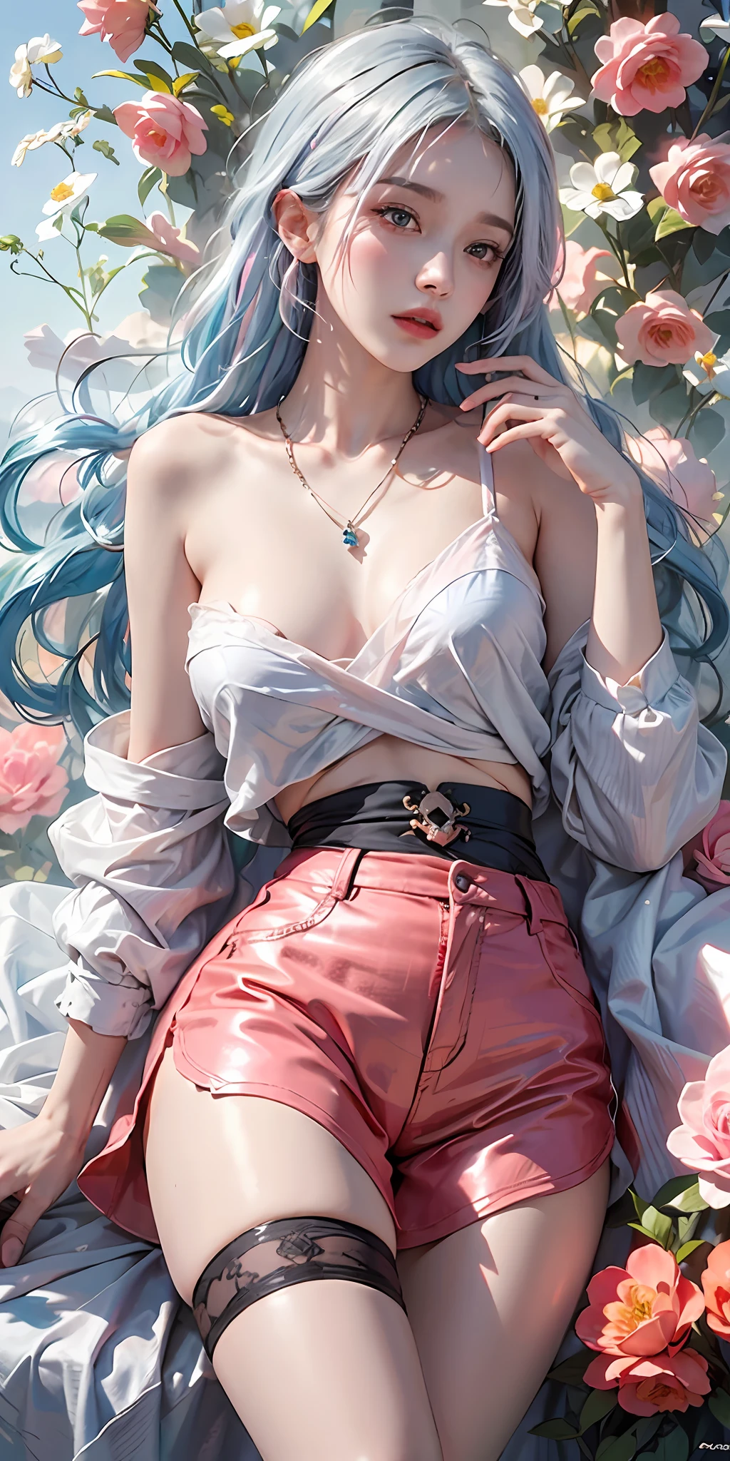 photorealistic, high resolution, soft light,1women, solo, hips up, shining skin, (detailed face),tattoo, jewelry, (rainbow color Hair,colorful hair,half blue and half pink hair:1.2), white_skirt, high-waist_shorts, outfit ,roses,(dynamic angle:1.1),vivid,Soft and warm color palette, delicate brushwork, evocative use of light and shadow, wide shot,subtle details in the wilting flowers,high contrast,color contrast,