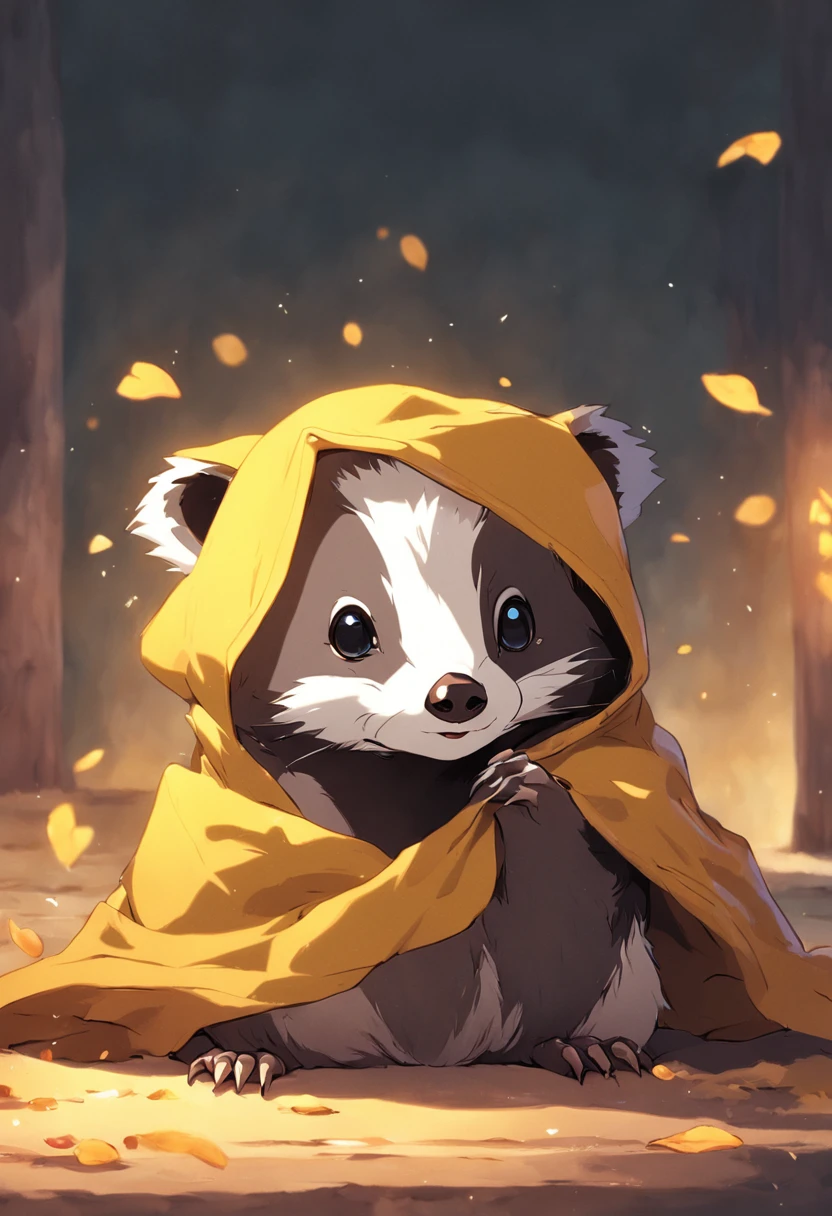 Baby badger wearing a Hufflepuff scarf and sorting hat