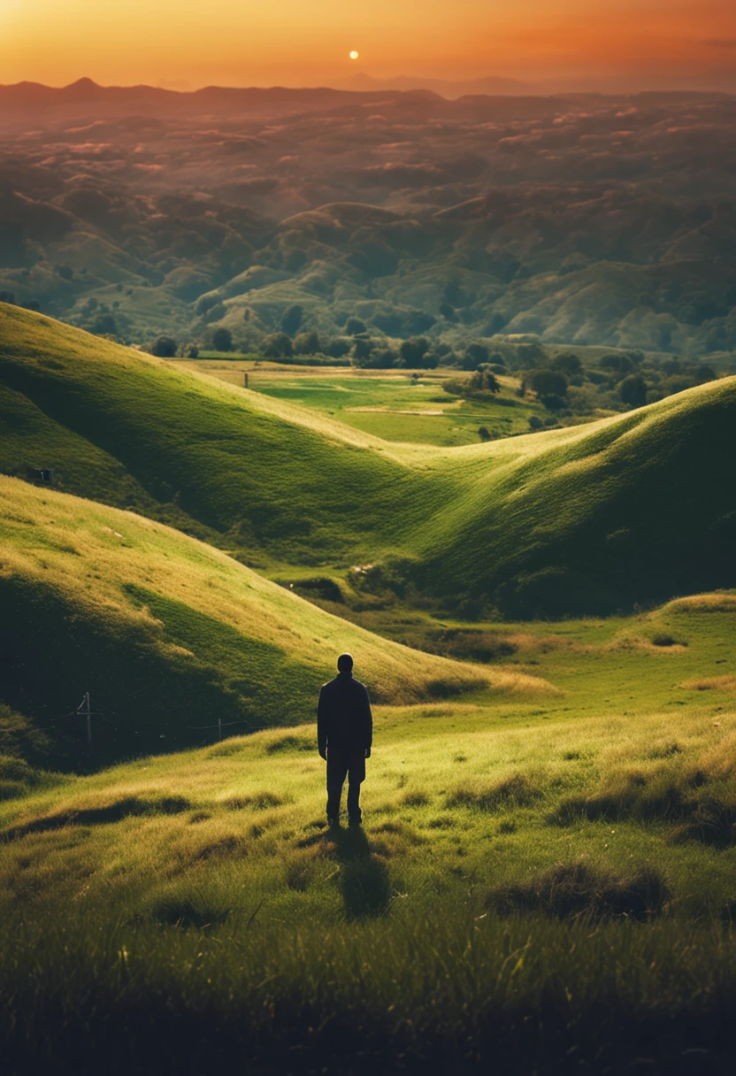Lonely man standing on top of a hilltop covered with grass，Finally reached the light he was seeking
