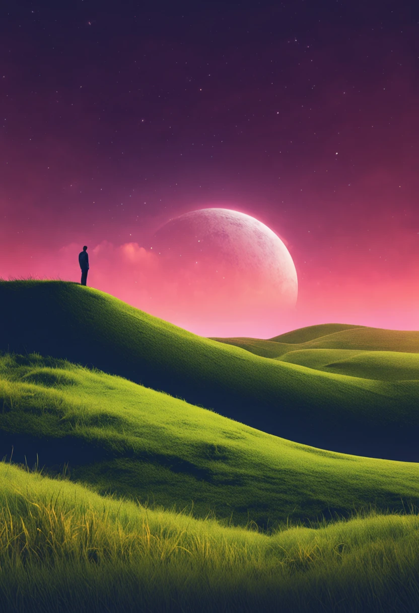 Lonely man standing on top of a hilltop covered with grass，Finally reached the light he was seeking